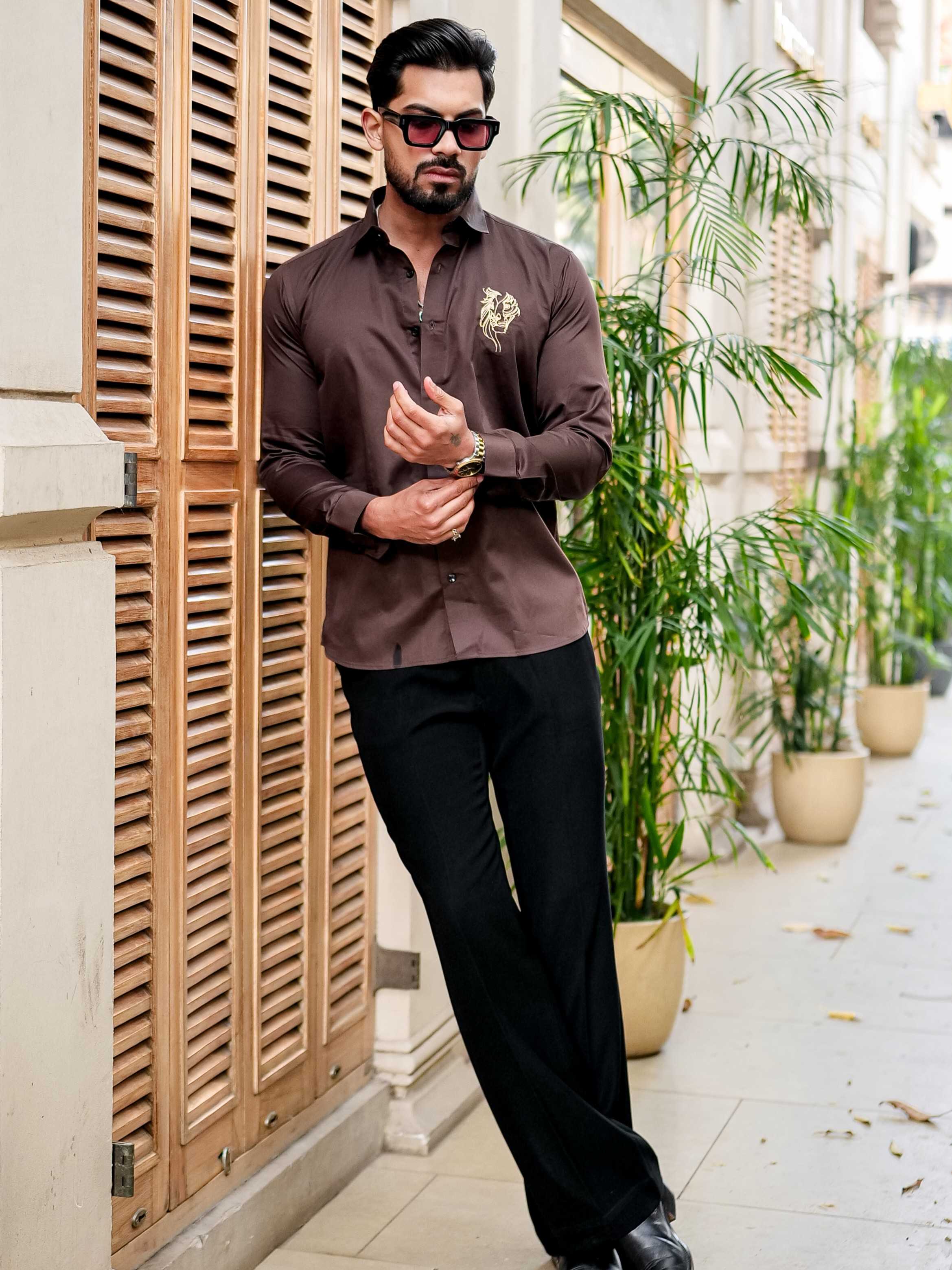 Brown Club Wear Embroidery Satin Cotton Shirt - Image 6