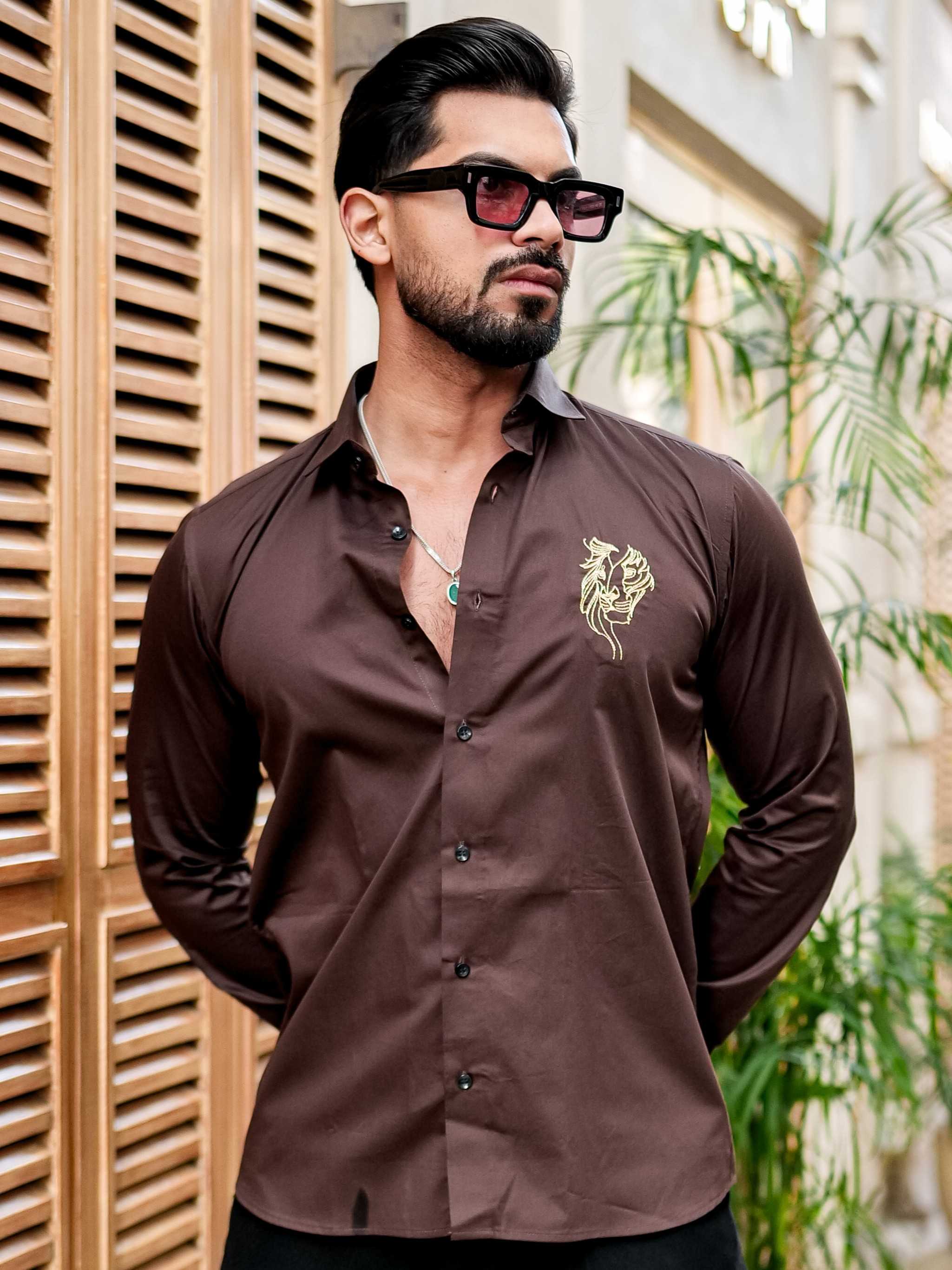 Brown Club Wear Embroidery Satin Cotton Shirt - Image 7