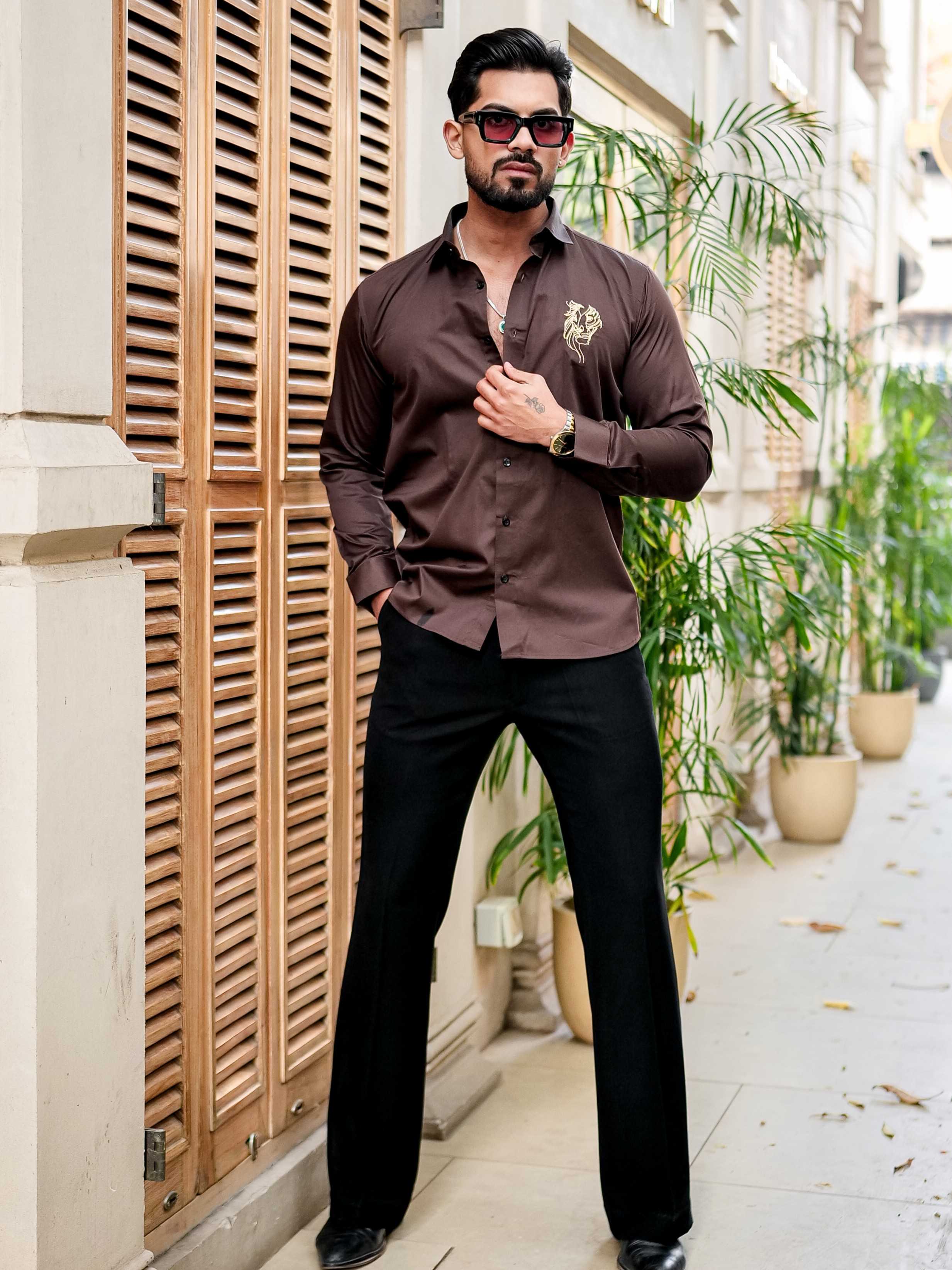 Brown Club Wear Embroidery Satin Cotton Shirt - Image 9