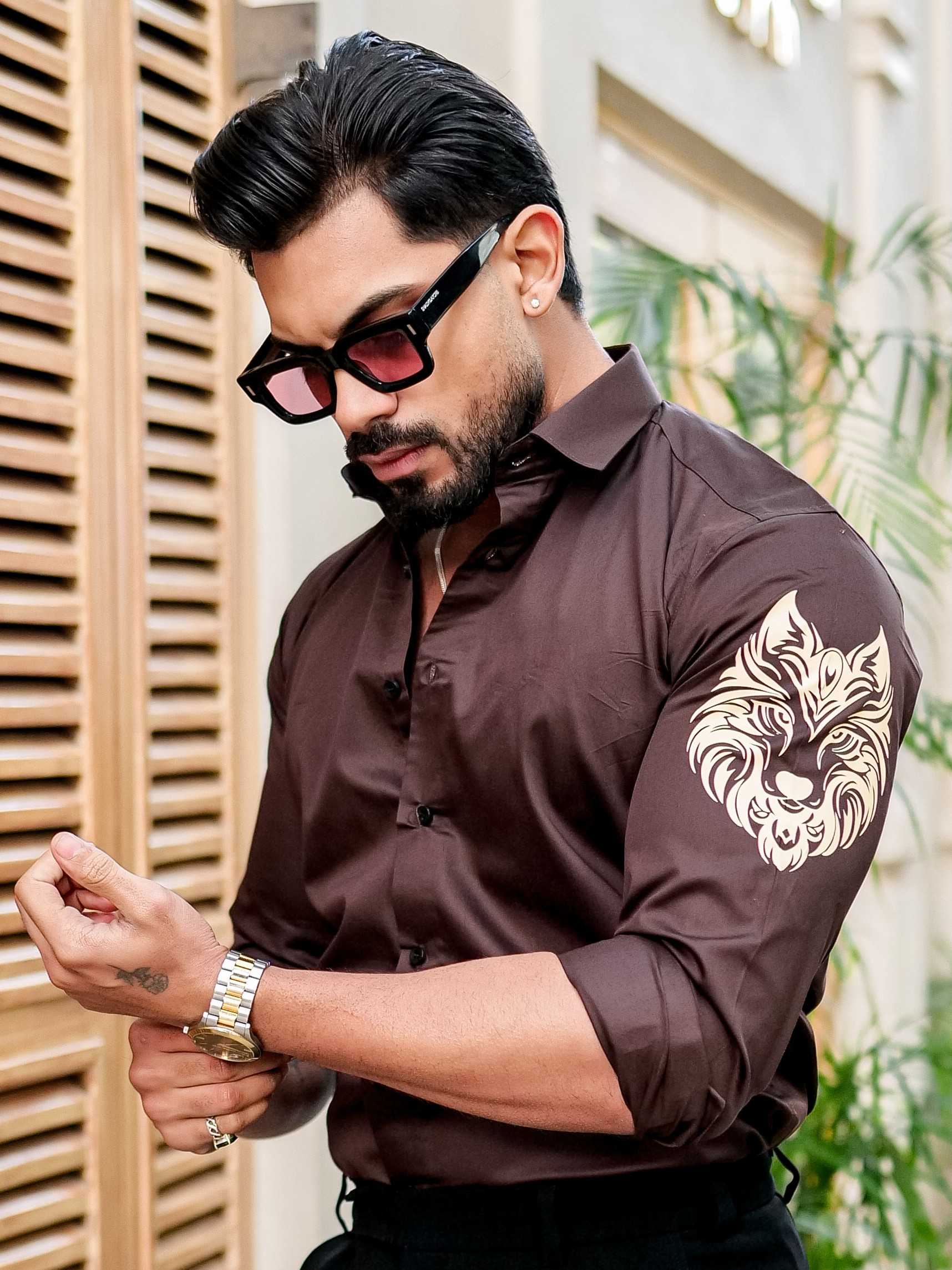 BROWN CLUB WEAR PRINTED SATIN COTTON SHIRT FOR MEN