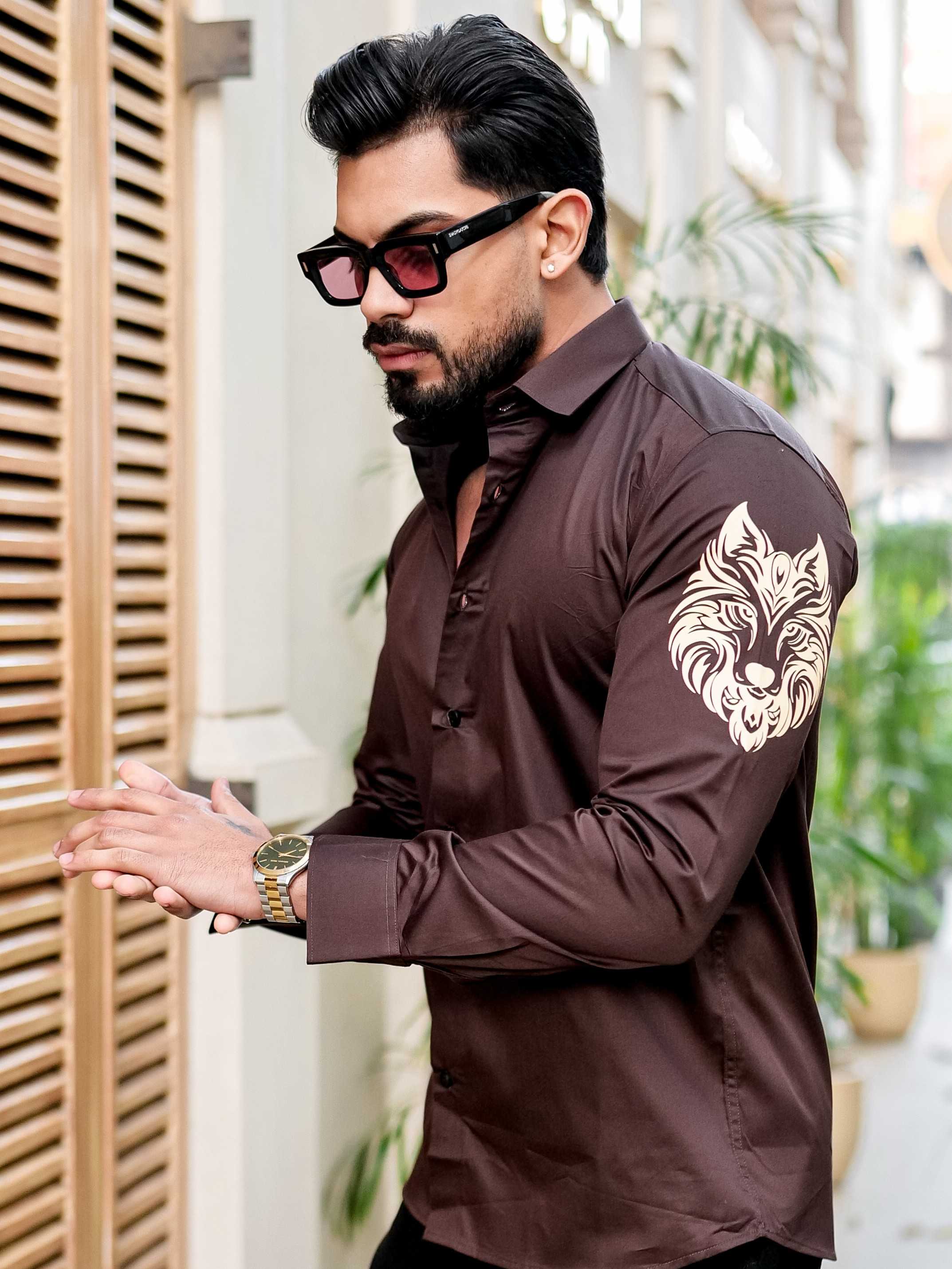 BROWN CLUB WEAR PRINTED SATIN COTTON SHIRT FOR MEN - Image 3