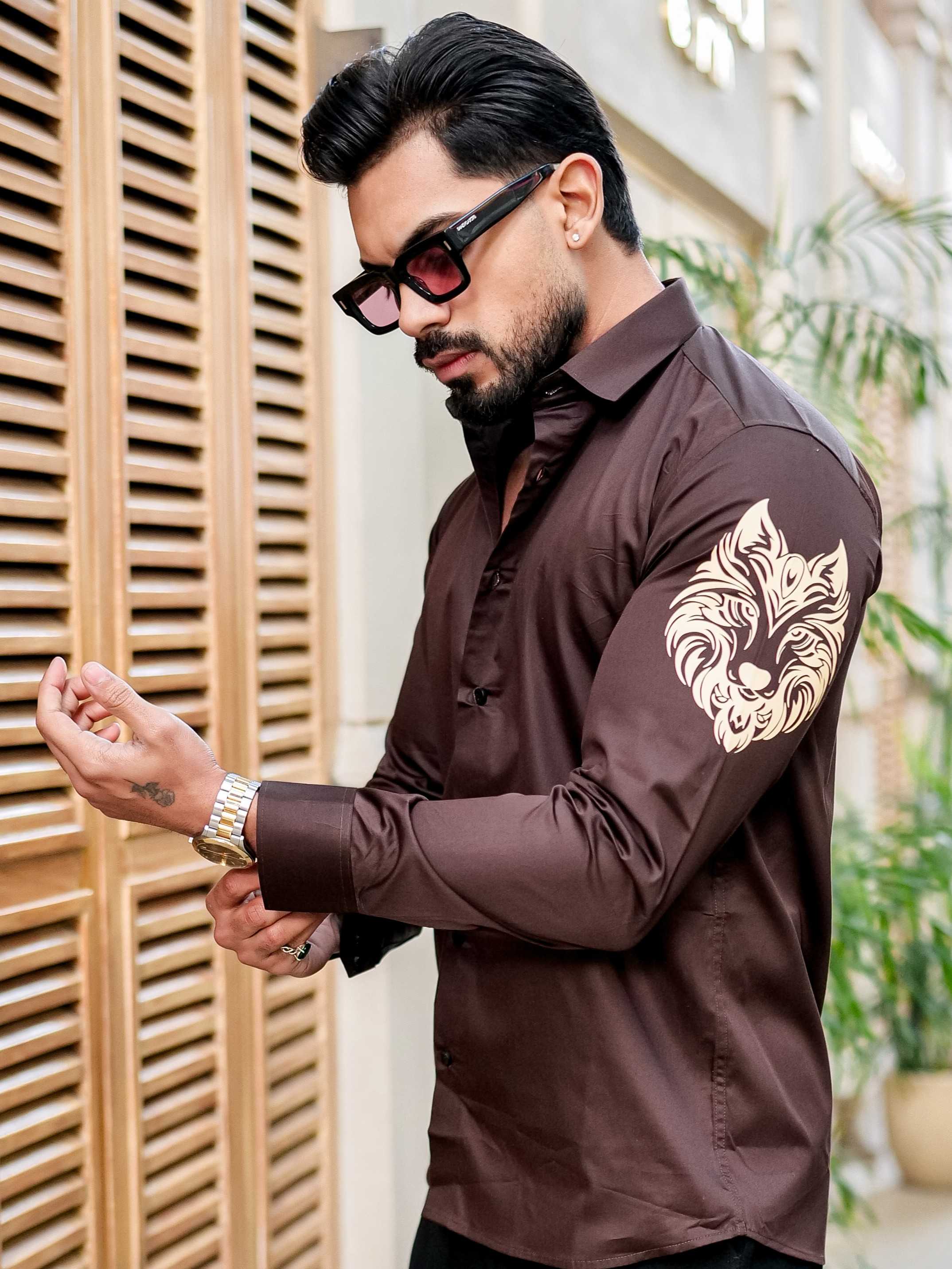 BROWN CLUB WEAR PRINTED SATIN COTTON SHIRT FOR MEN - Image 5