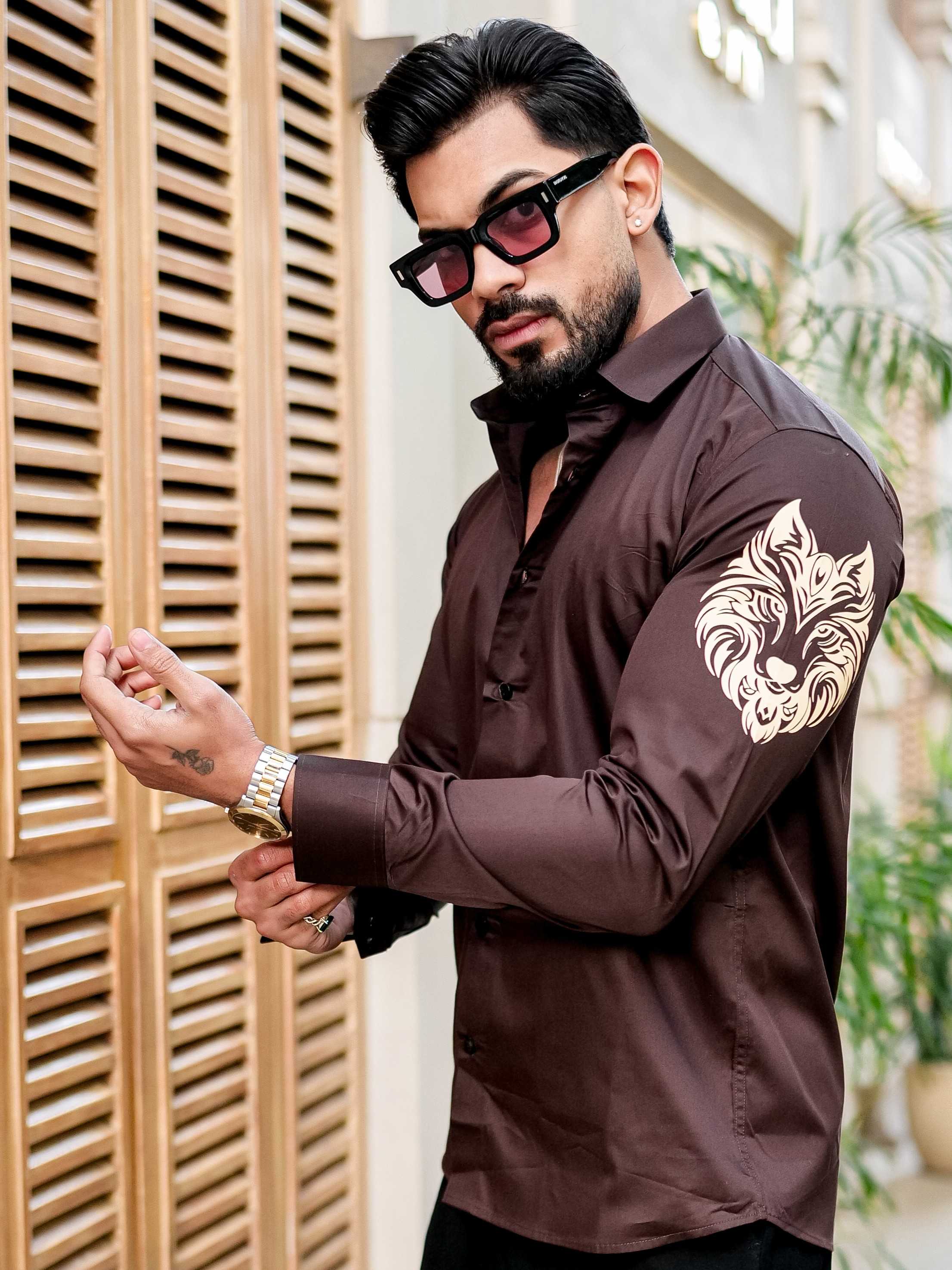 BROWN CLUB WEAR PRINTED SATIN COTTON SHIRT FOR MEN - Image 6