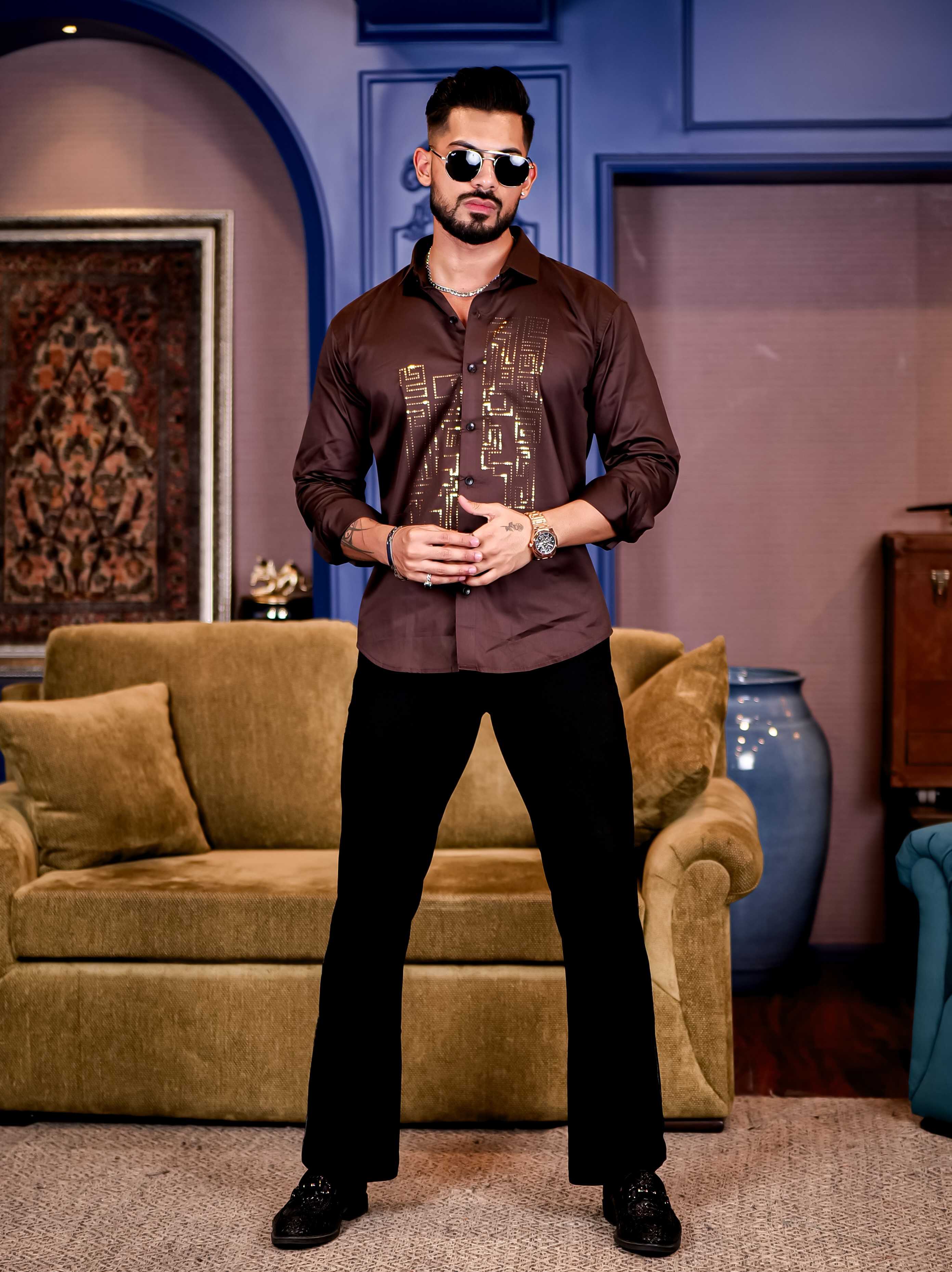 Brown Sequence Club Wear Satin Cotton Party Shirt - Image 3