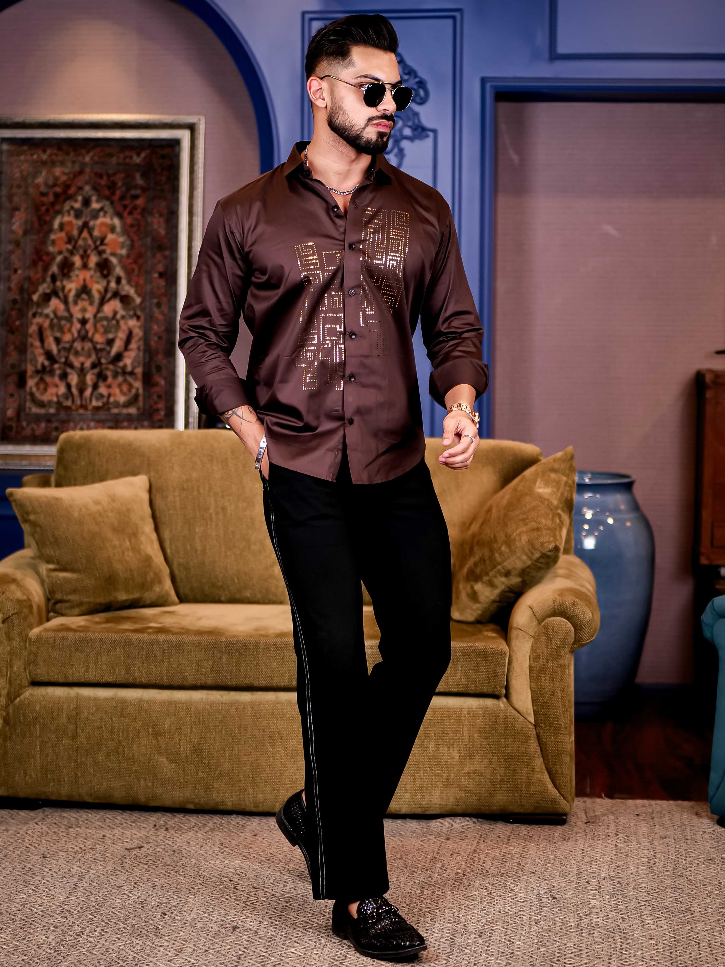 Brown Sequence Club Wear Satin Cotton Party Shirt - Image 4