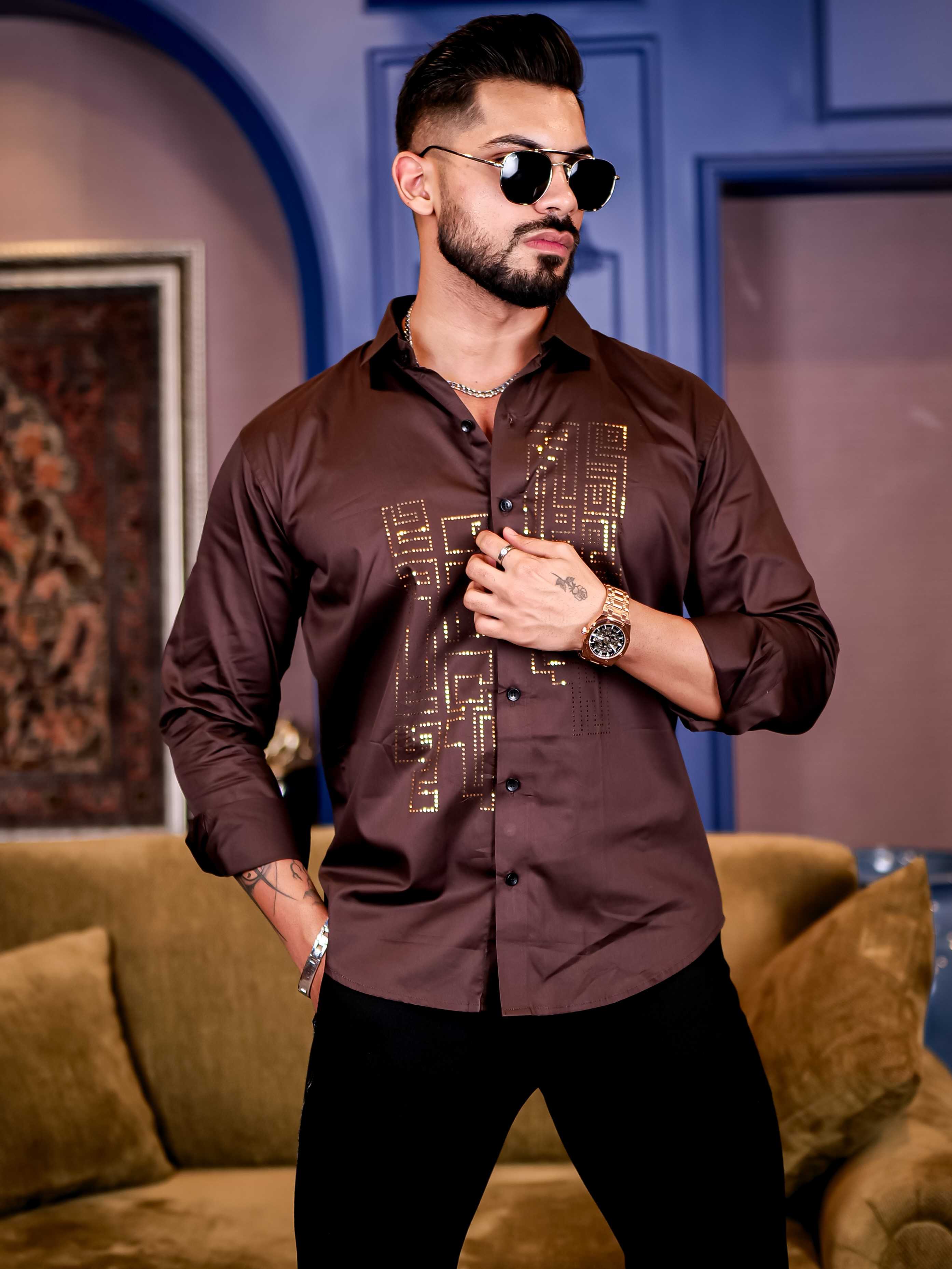 Brown Sequence Club Wear Satin Cotton Party Shirt - Image 5
