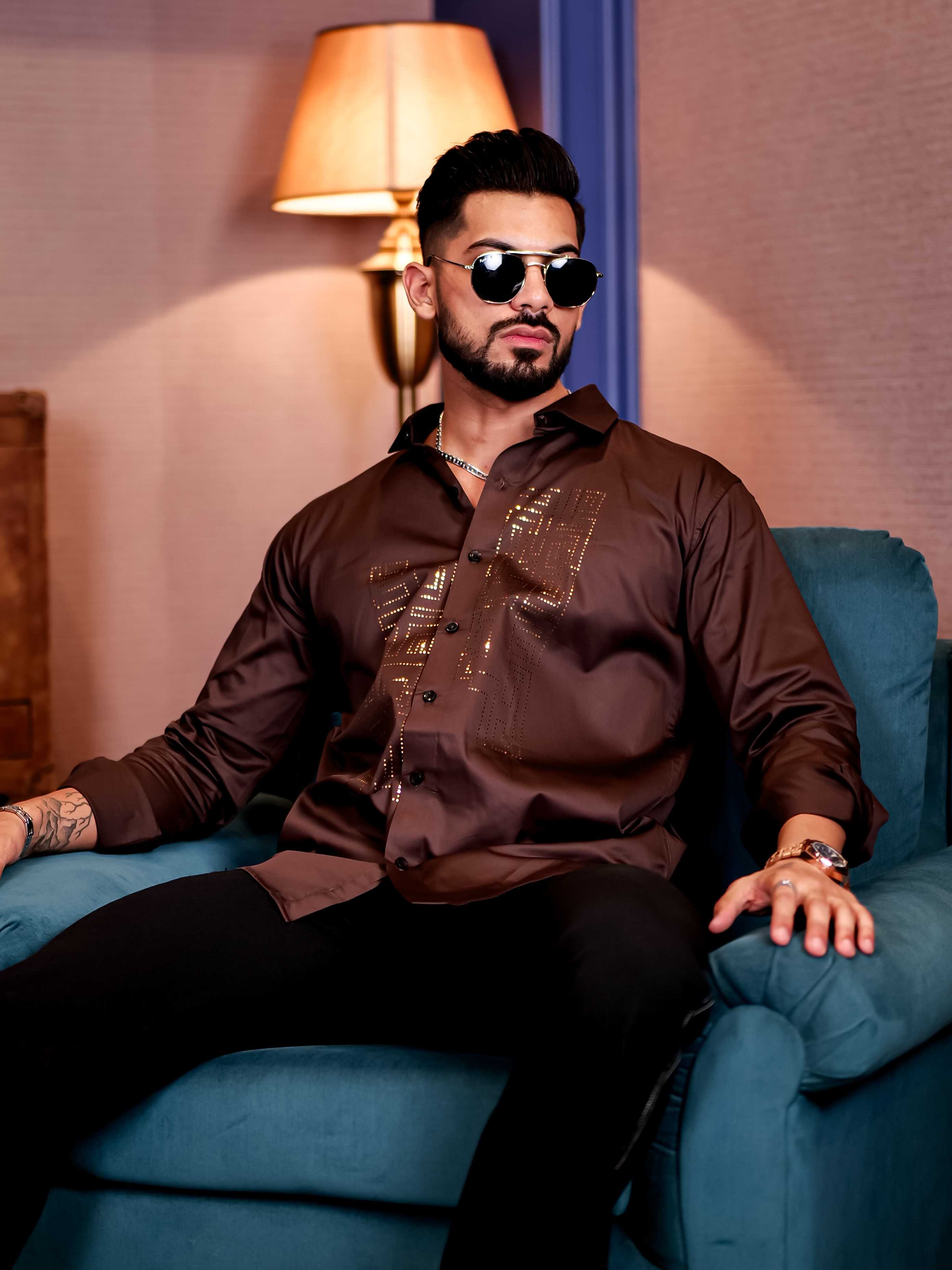 Brown Sequence Club Wear Satin Cotton Party Shirt - Image 7