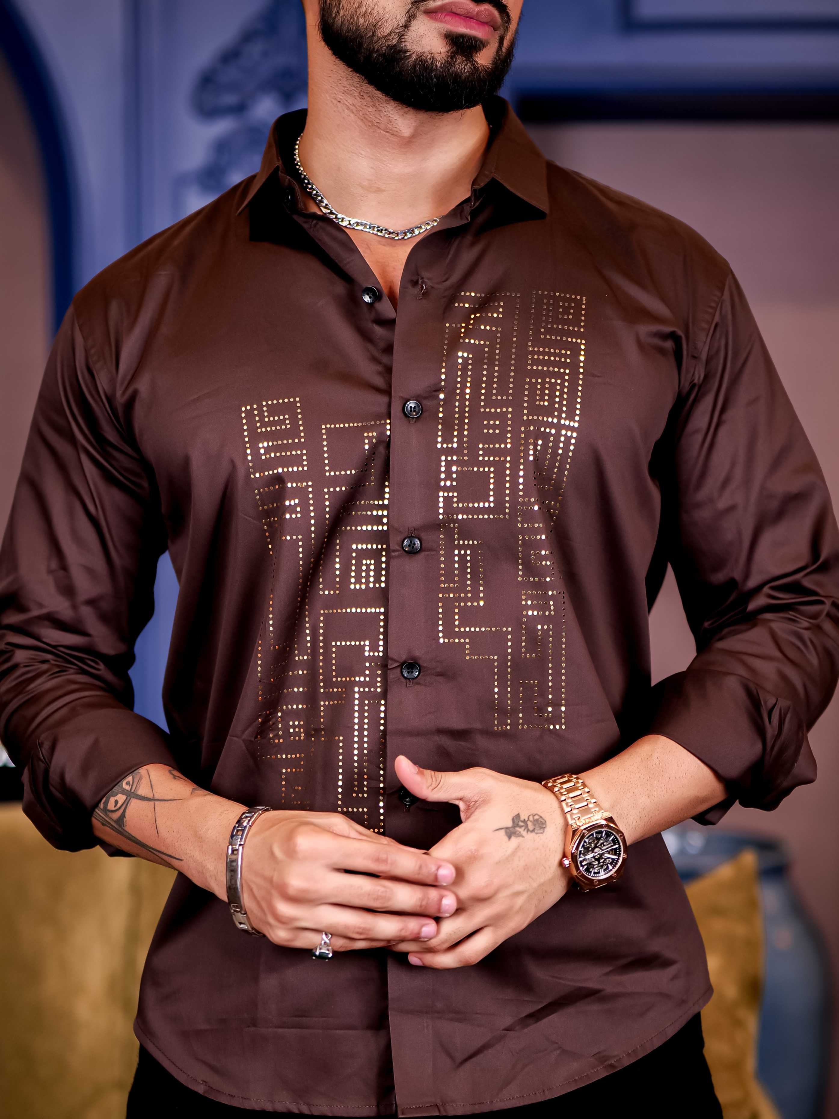 Brown Sequence Club Wear Satin Cotton Party Shirt - Image 8