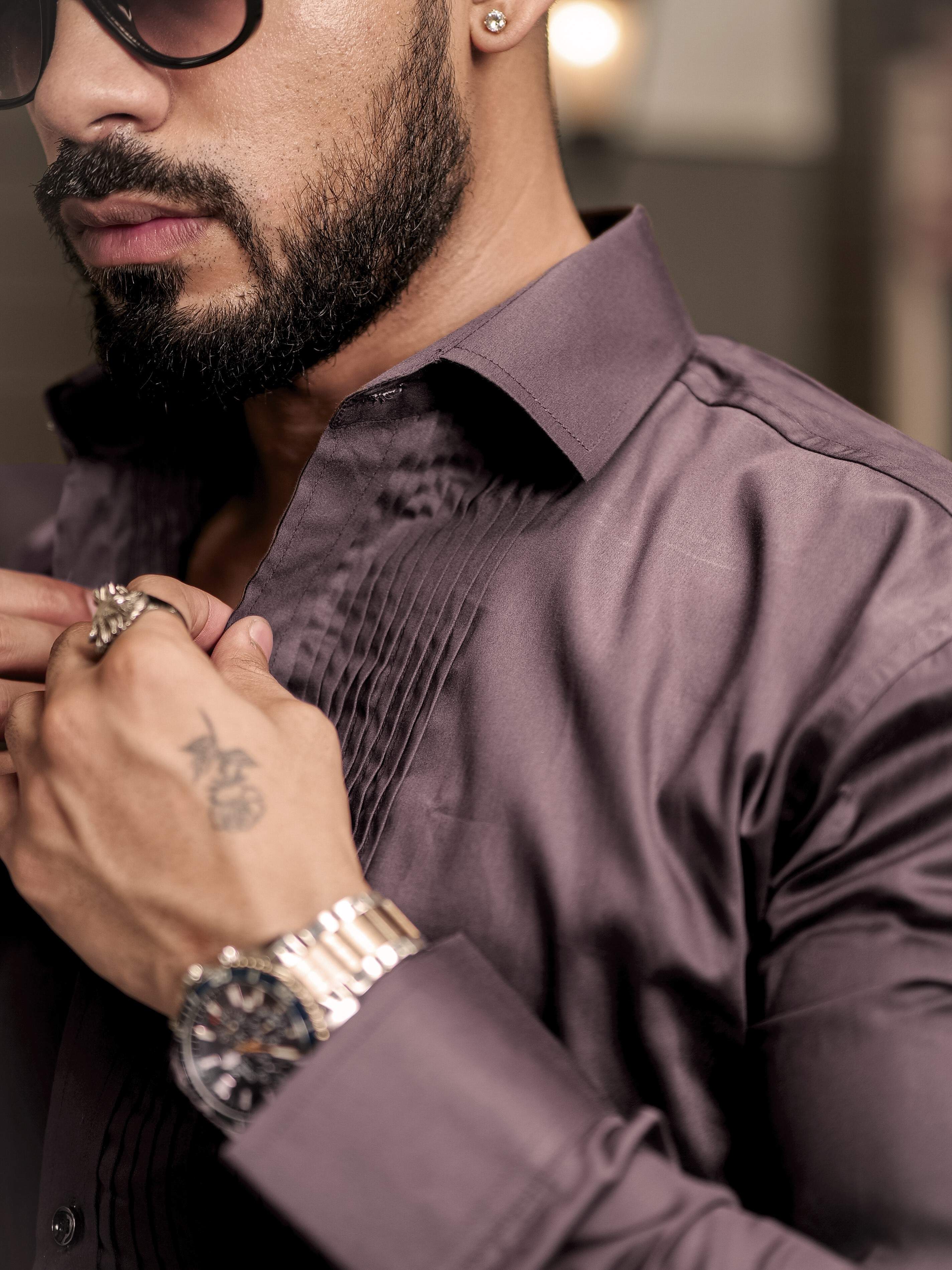 Brown Subtle Sheen Tuxedo Premium Giza Satin Cotton Shirt - Image 5