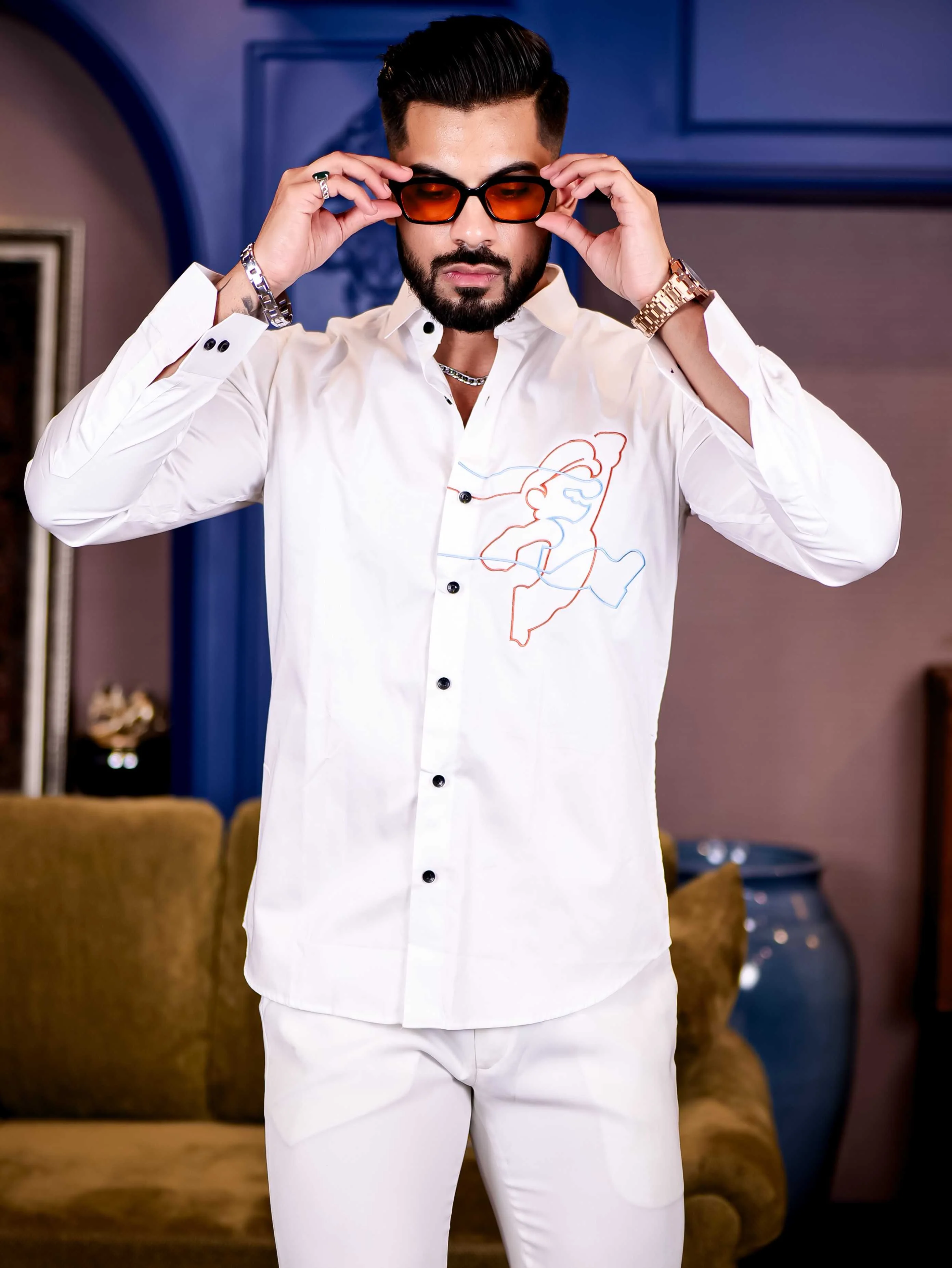Cartoon White Embroidered Premium Cotton Shirt For Men - Image 4