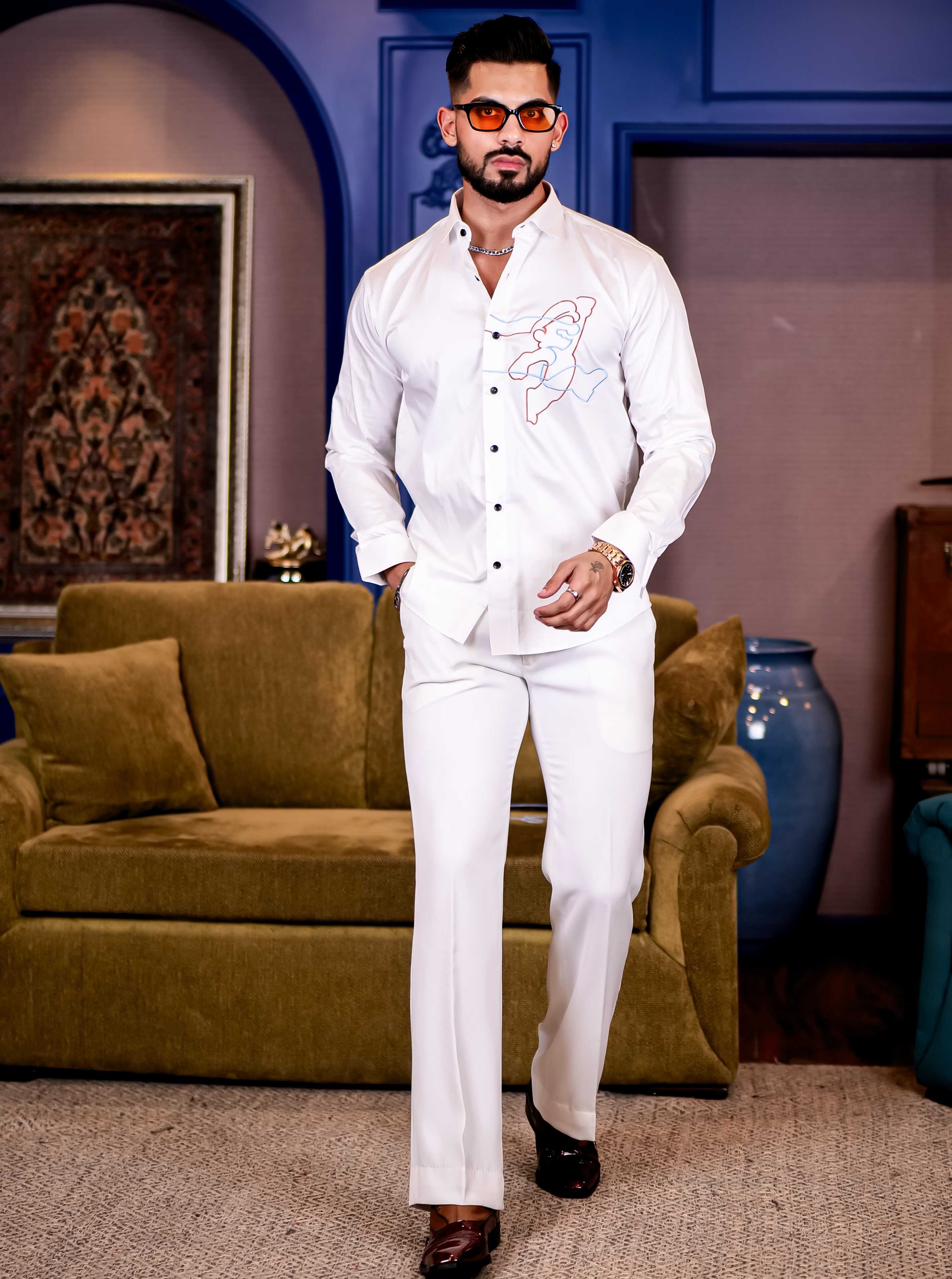 Cartoon White Embroidered Premium Cotton Shirt For Men - Image 5