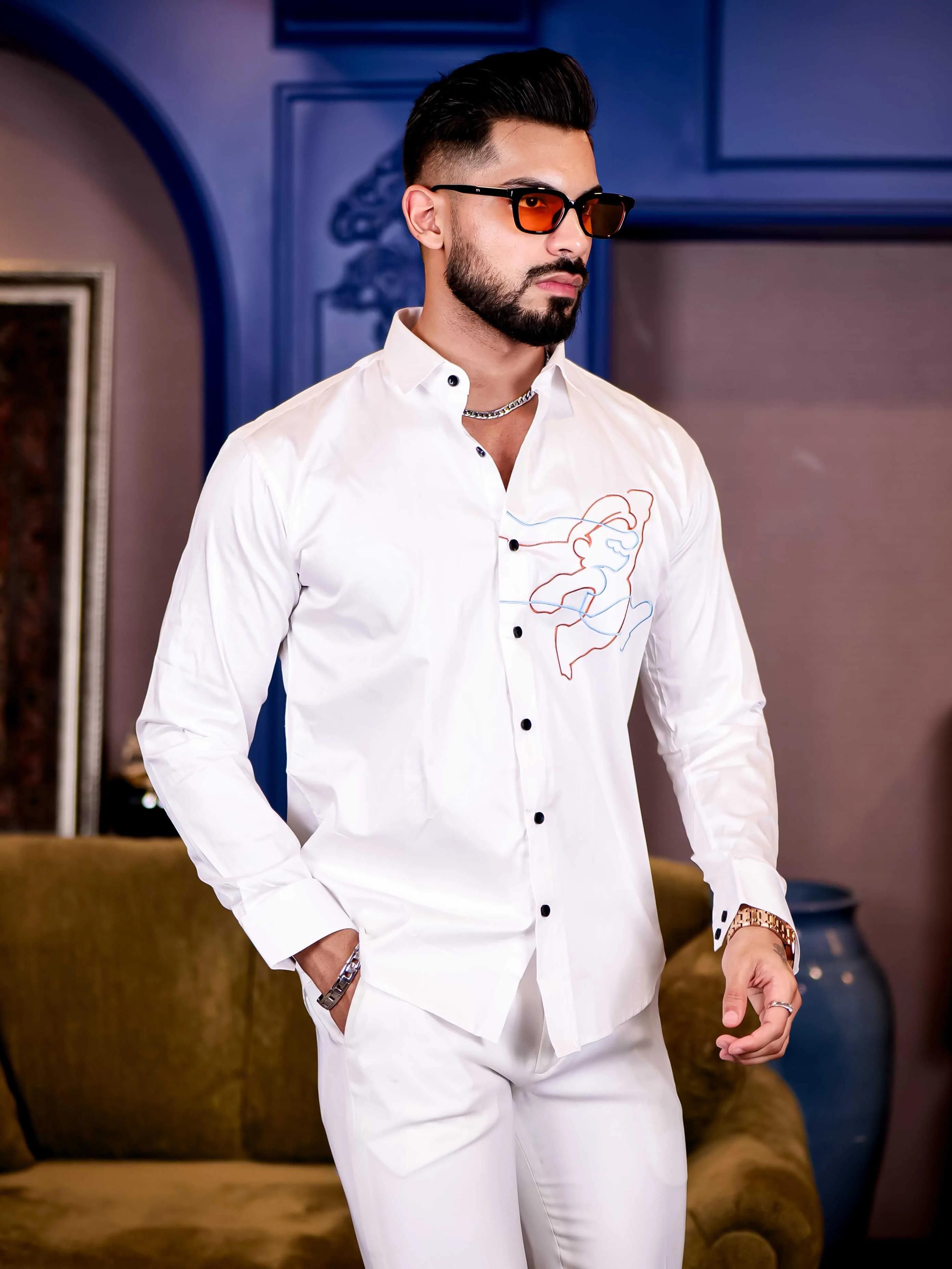Cartoon White Embroidered Premium Cotton Shirt For Men - Image 6