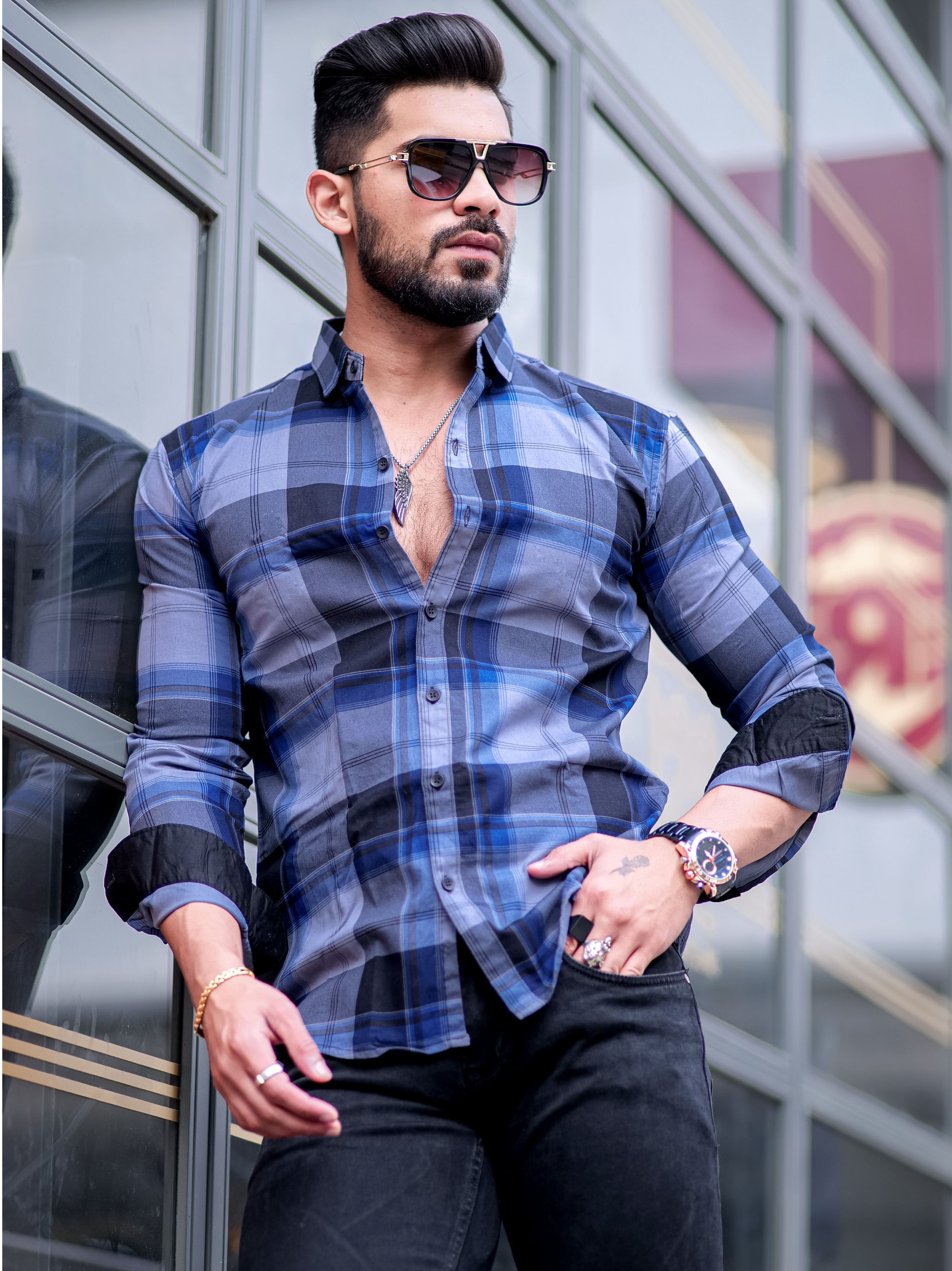 Vampire Blue Checkered Cotton Shirt - Image 3