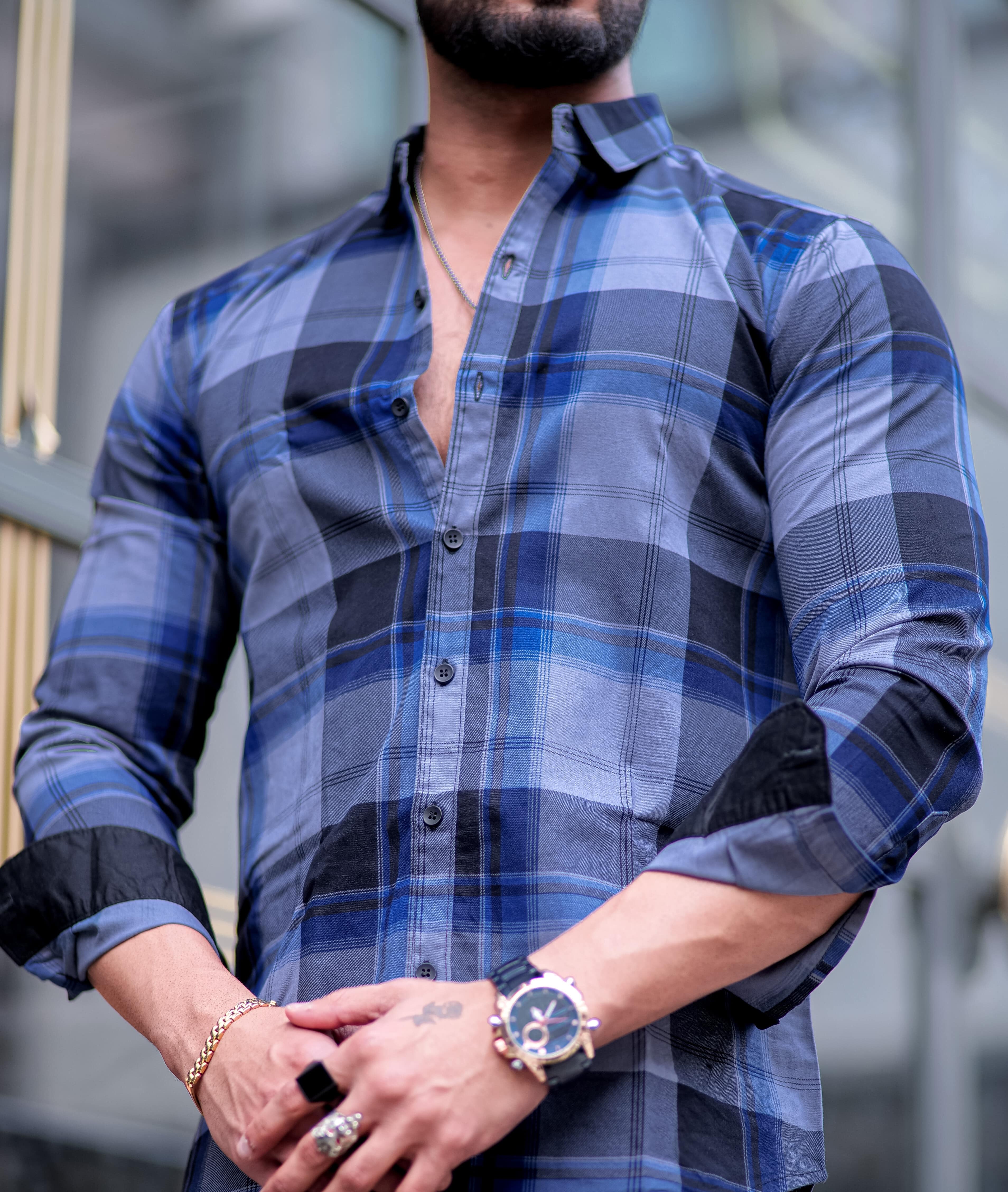 Vampire Blue Checkered Cotton Shirt - Image 4
