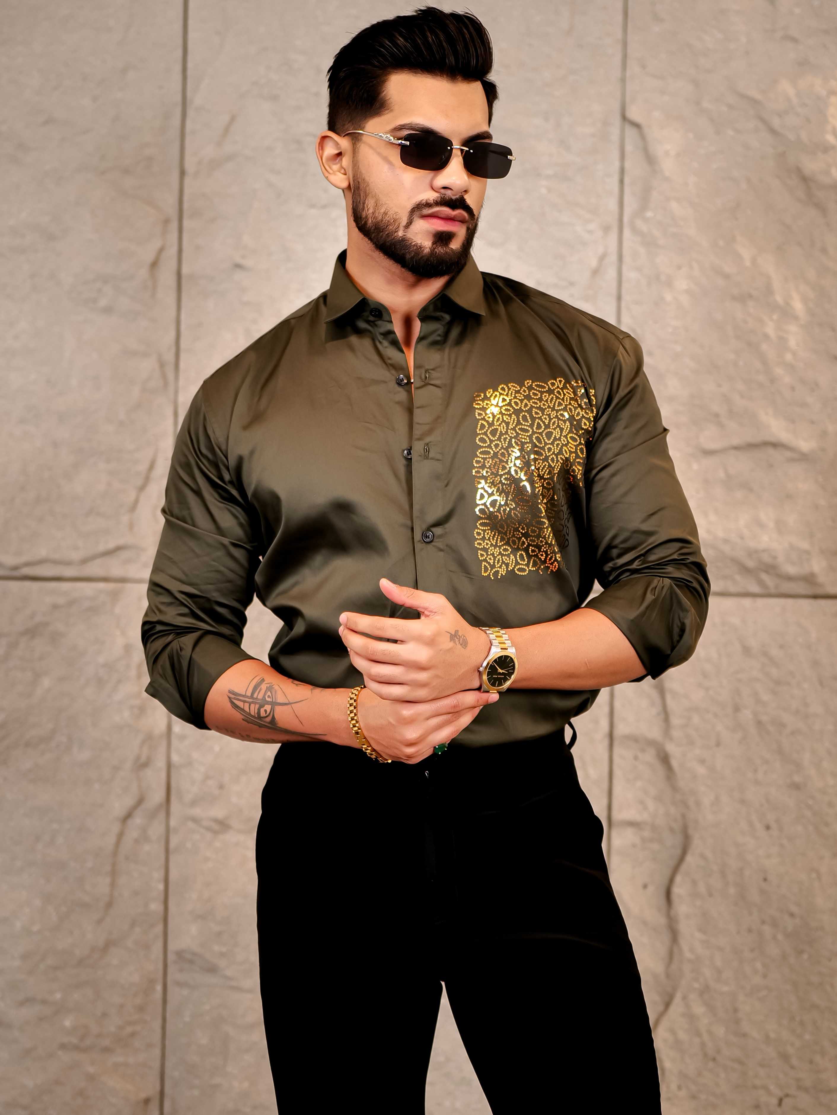 Cool Olive Green Sequence Club Wear Satin Cotton Party Shirt - Image 3
