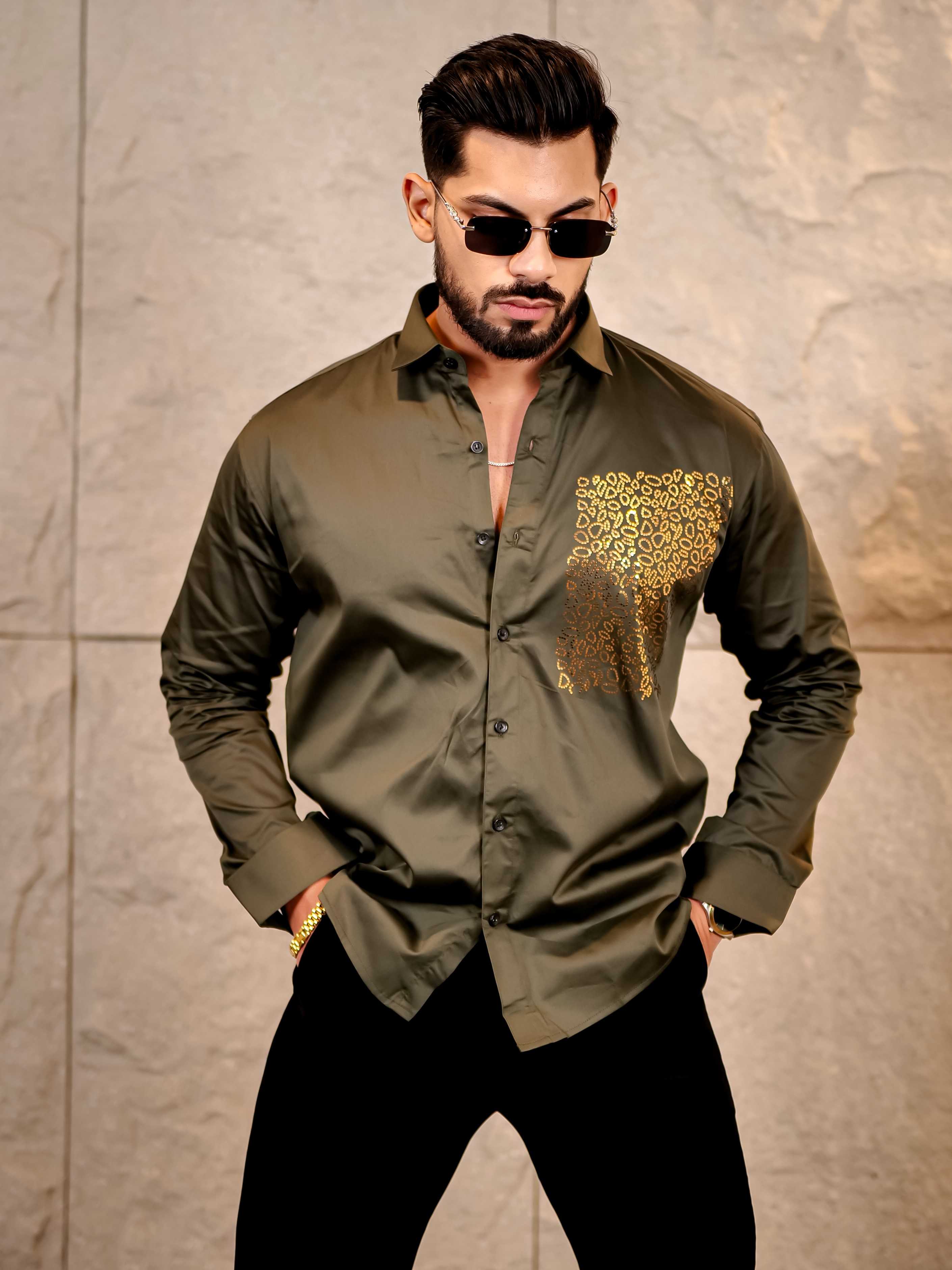 Cool Olive Green Sequence Club Wear Satin Cotton Party Shirt - Image 4