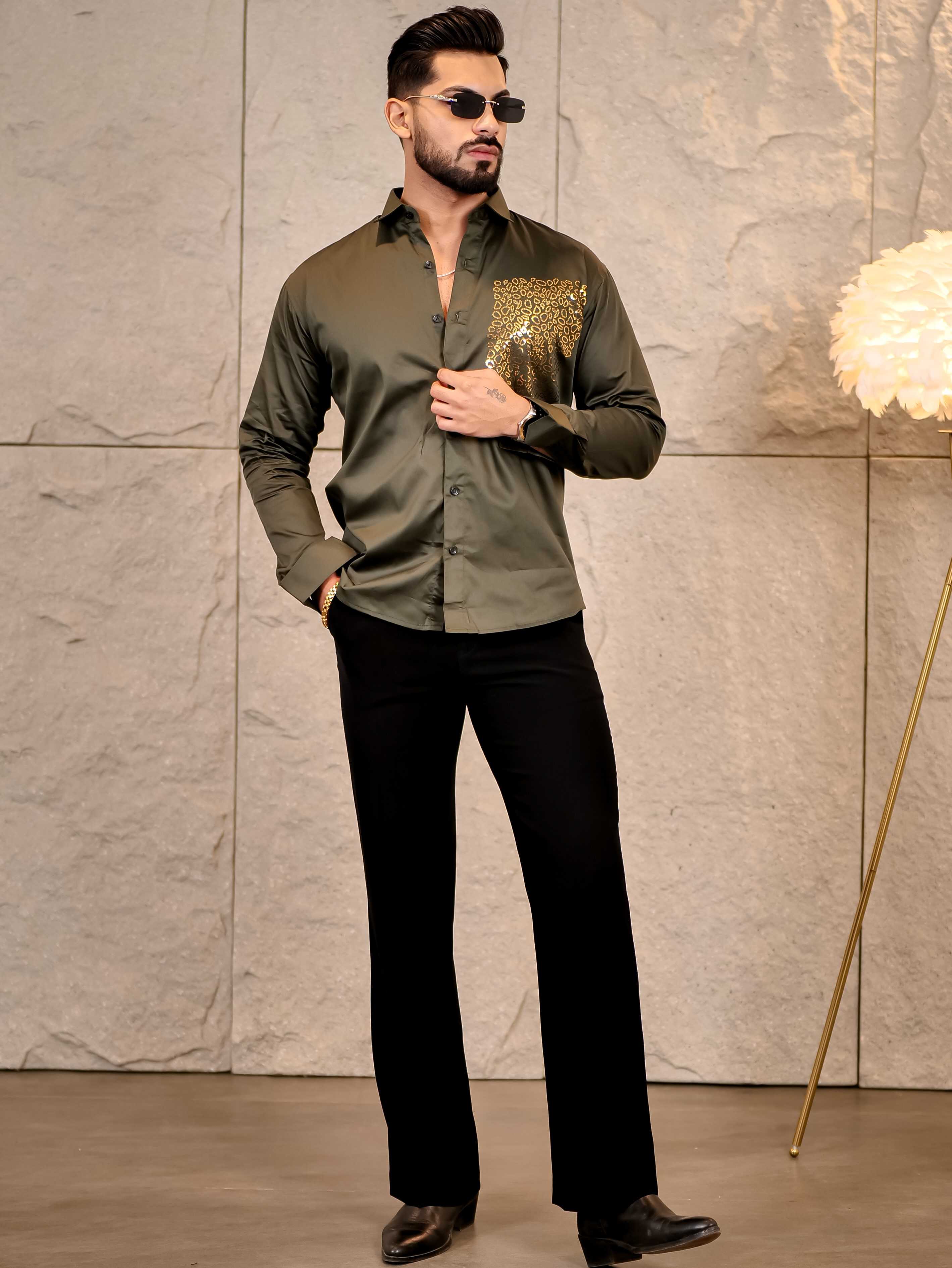 Cool Olive Green Sequence Club Wear Satin Cotton Party Shirt - Image 5