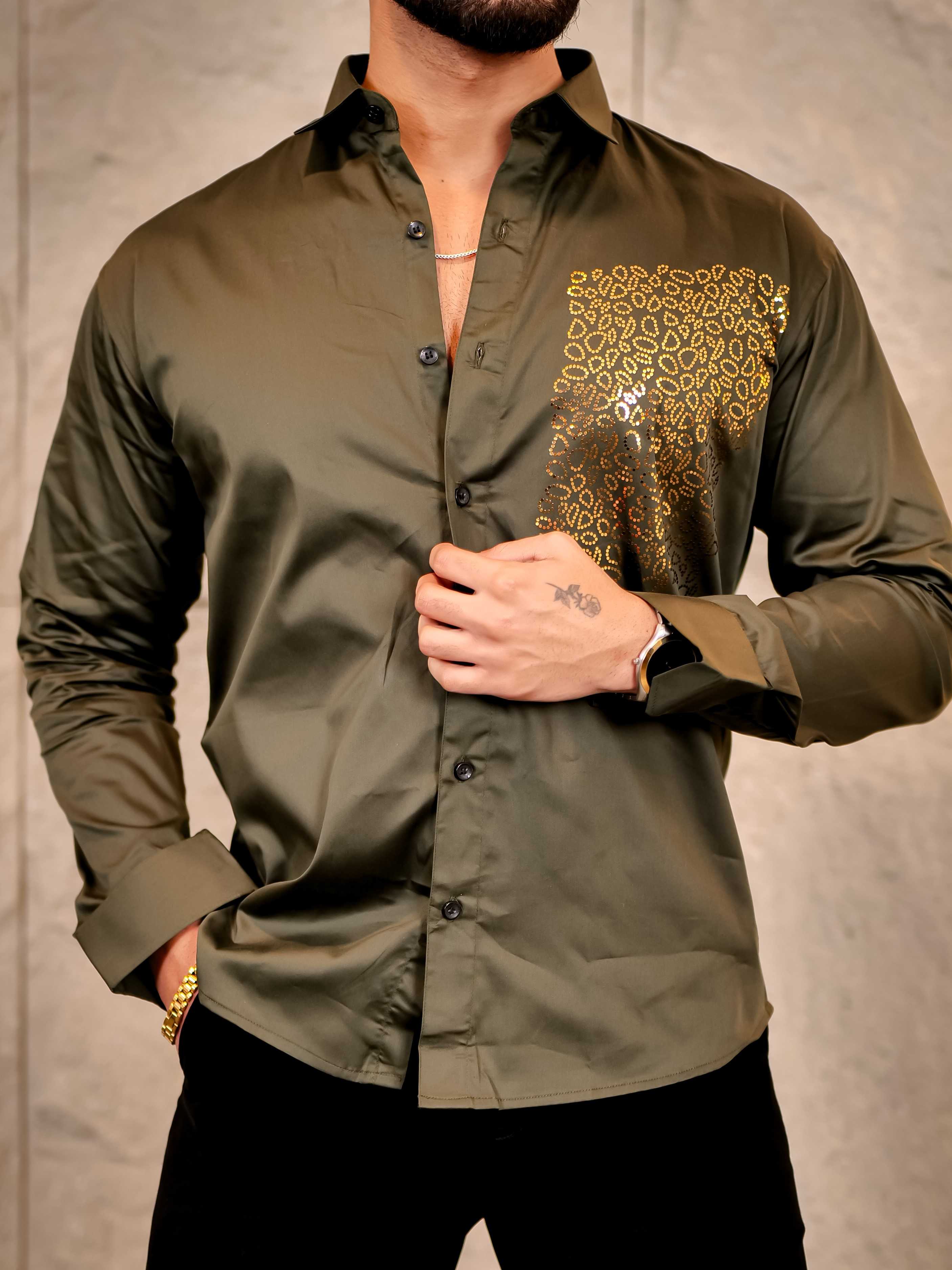 Cool Olive Green Sequence Club Wear Satin Cotton Party Shirt - Image 7