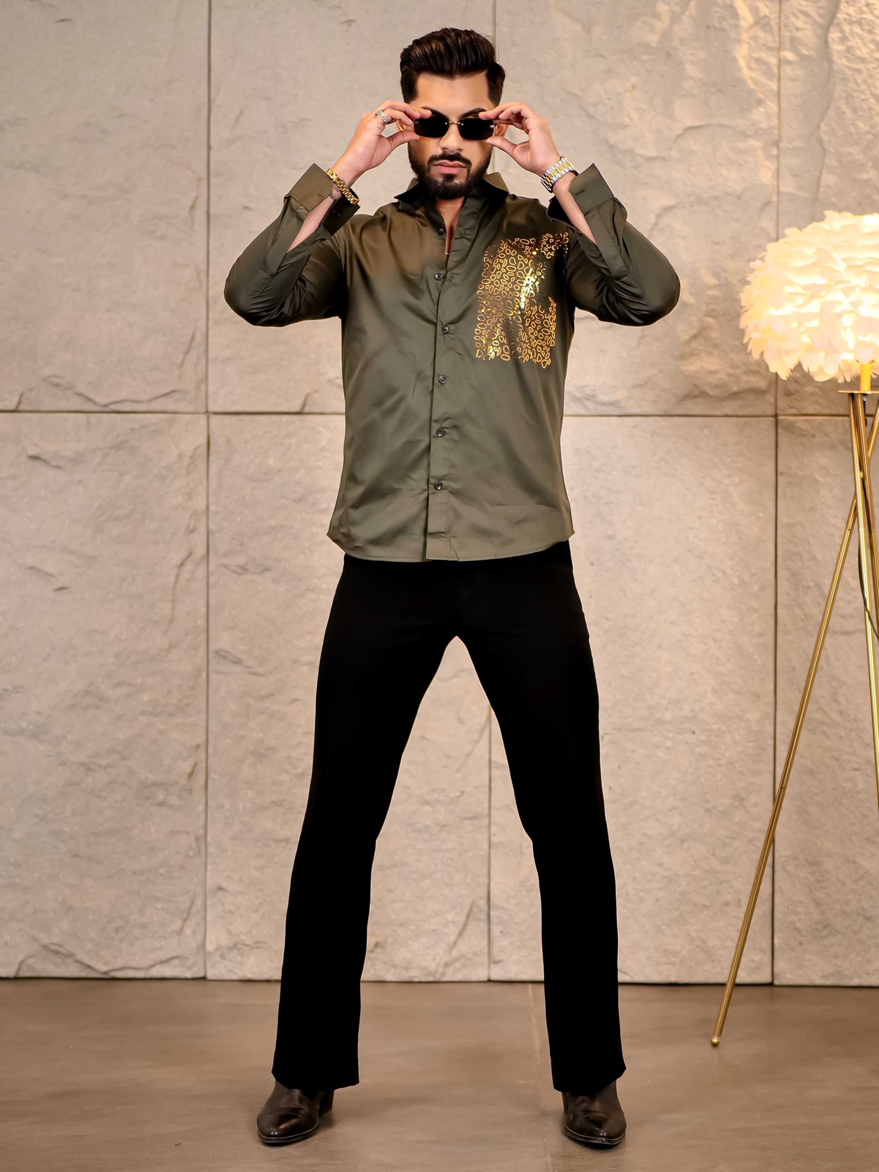 Cool Olive Green Sequence Club Wear Satin Cotton Party Shirt - Image 9
