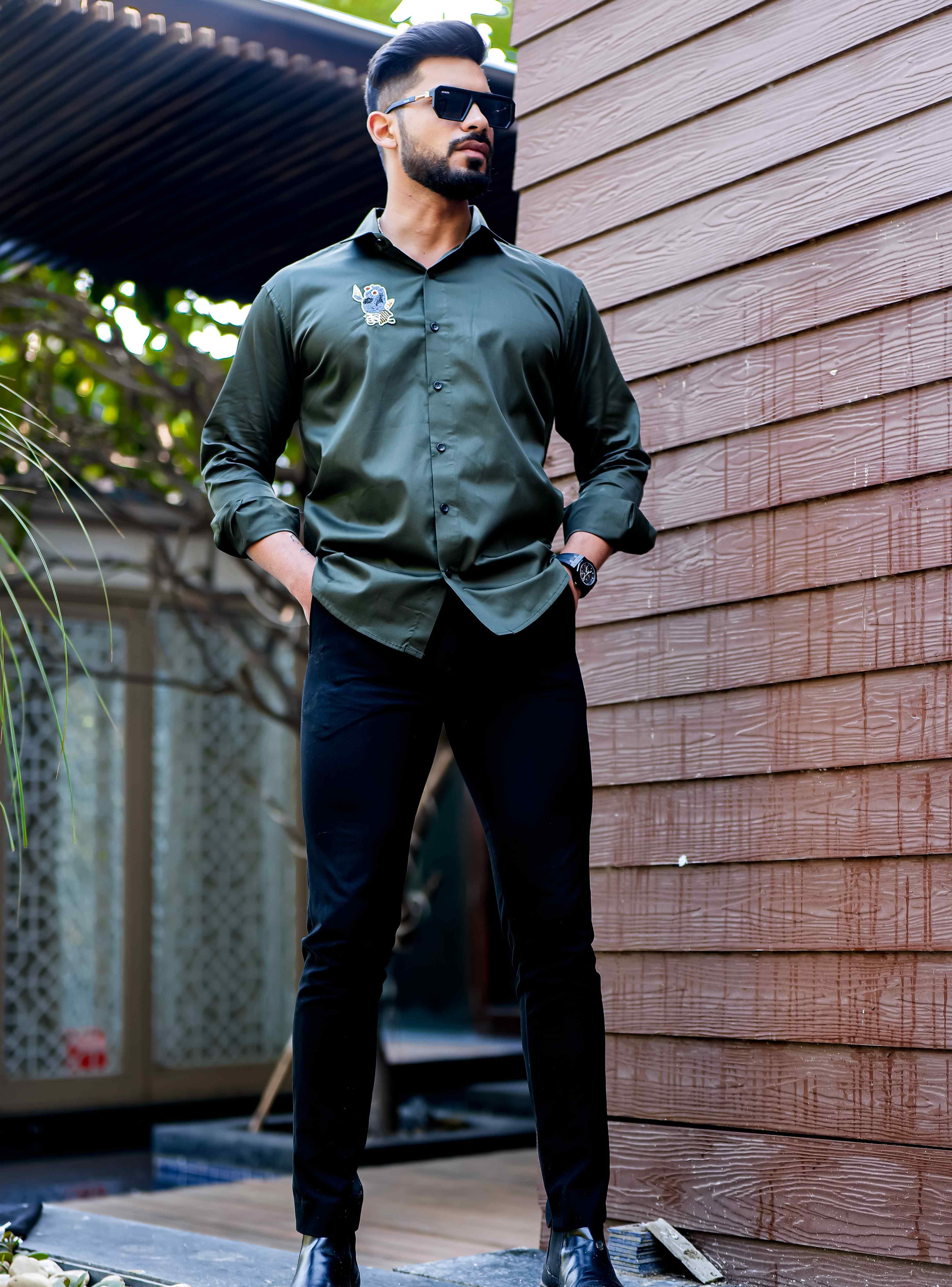 Olive Rhinestone Party Satin Cotton Premium Shirt - Image 3
