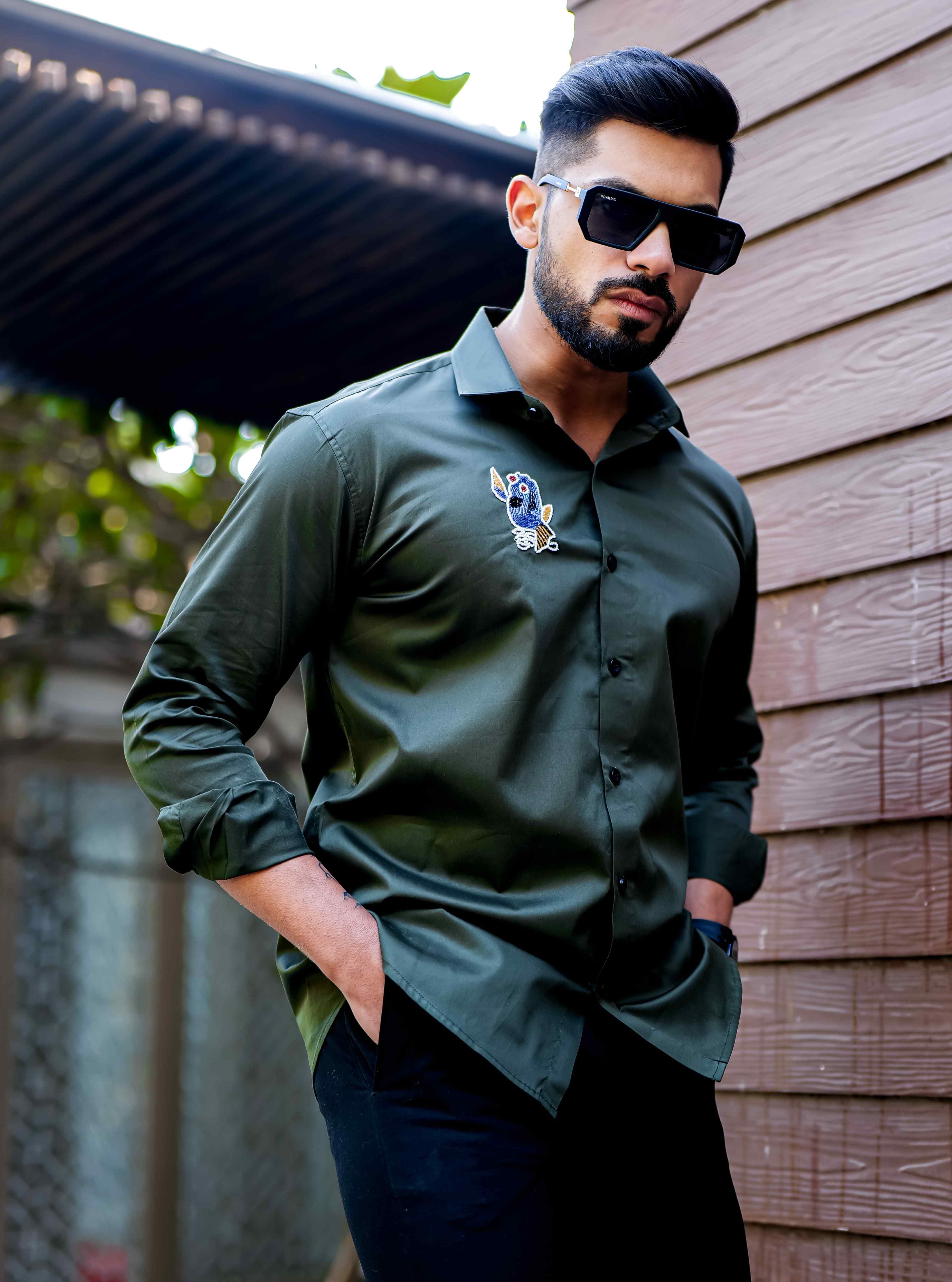 Olive Rhinestone Party Satin Cotton Premium Shirt - Image 4