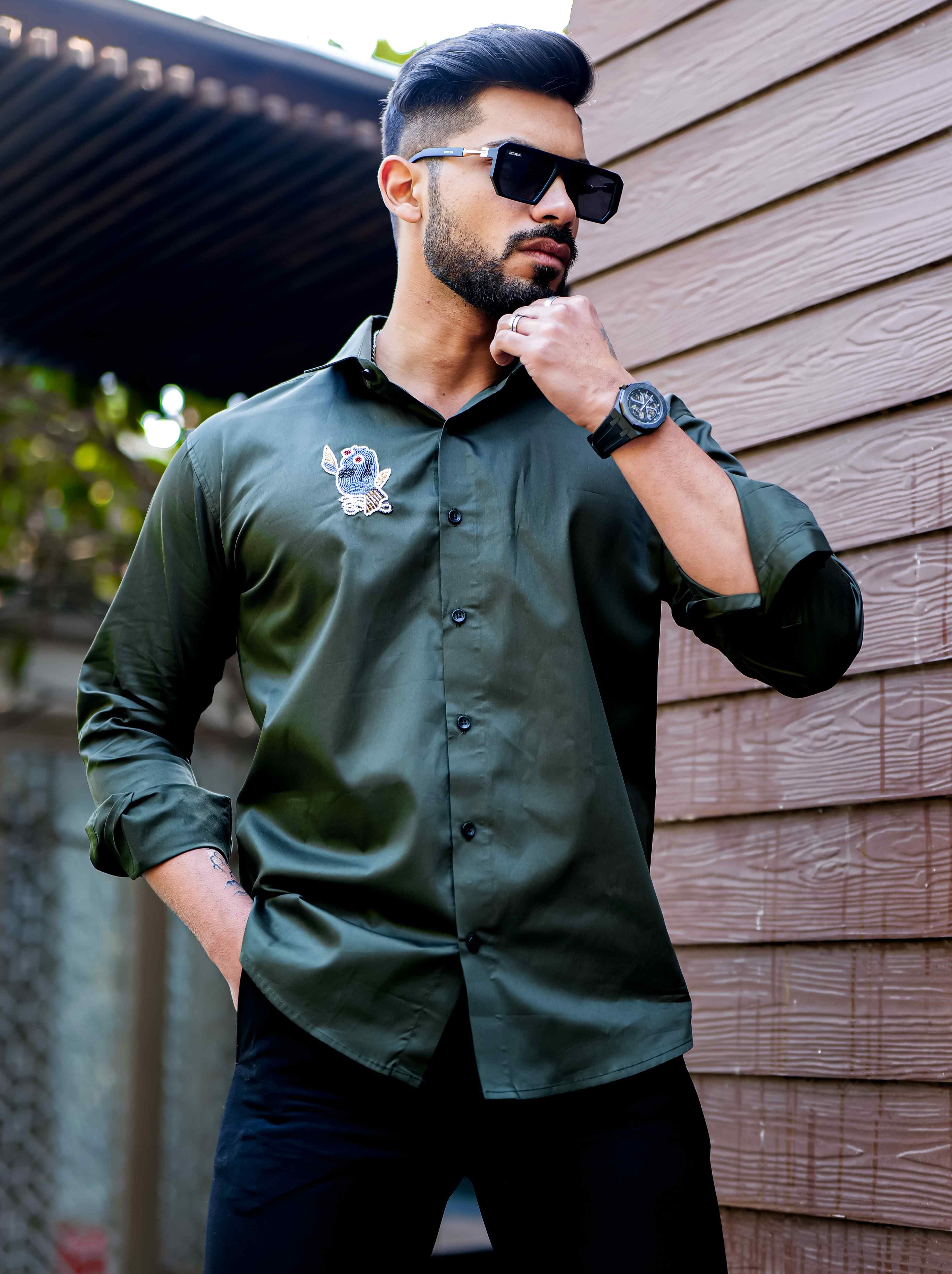 Olive Rhinestone Party Satin Cotton Premium Shirt - Image 5