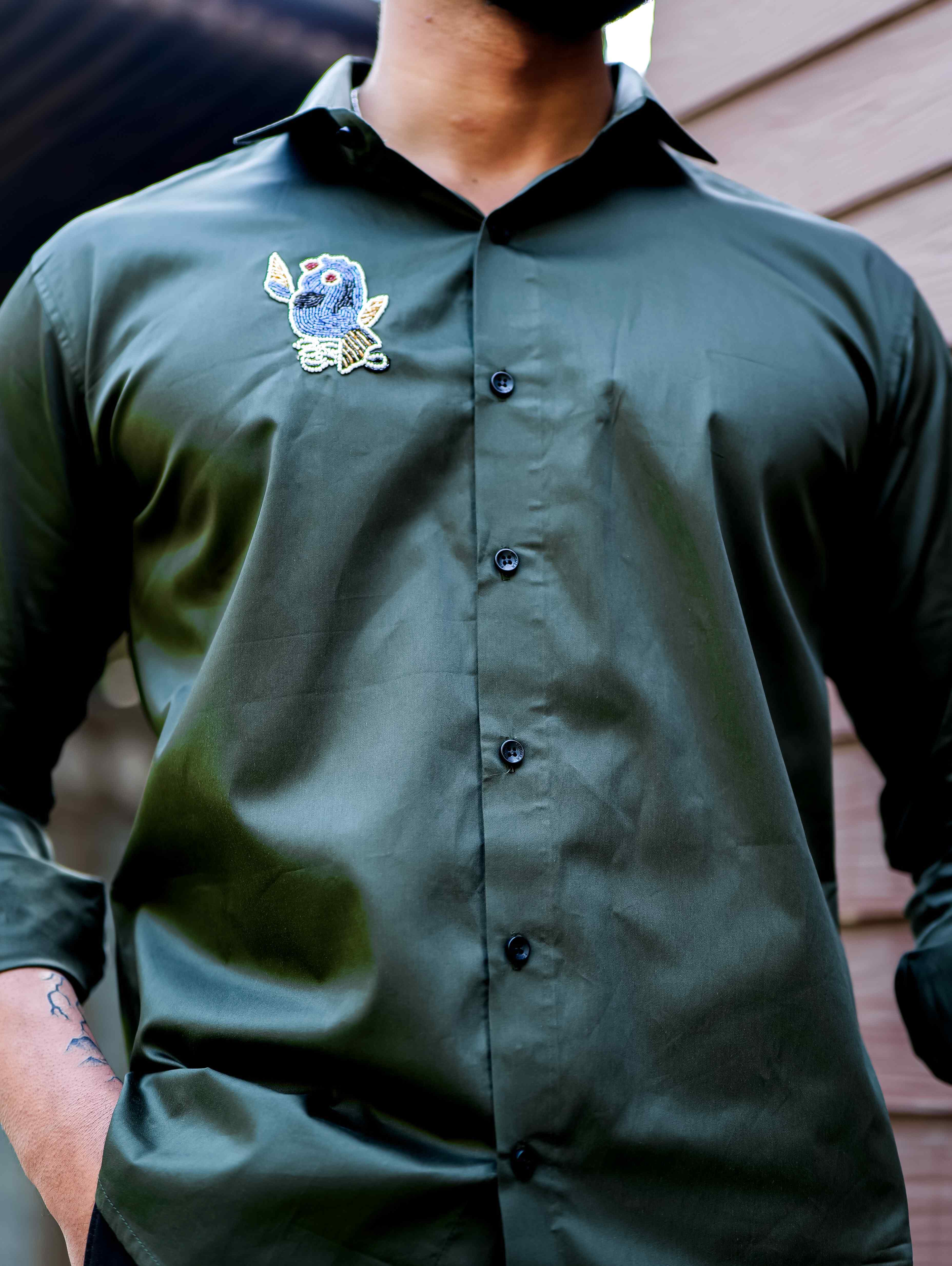 Olive Rhinestone Party Satin Cotton Premium Shirt - Image 6