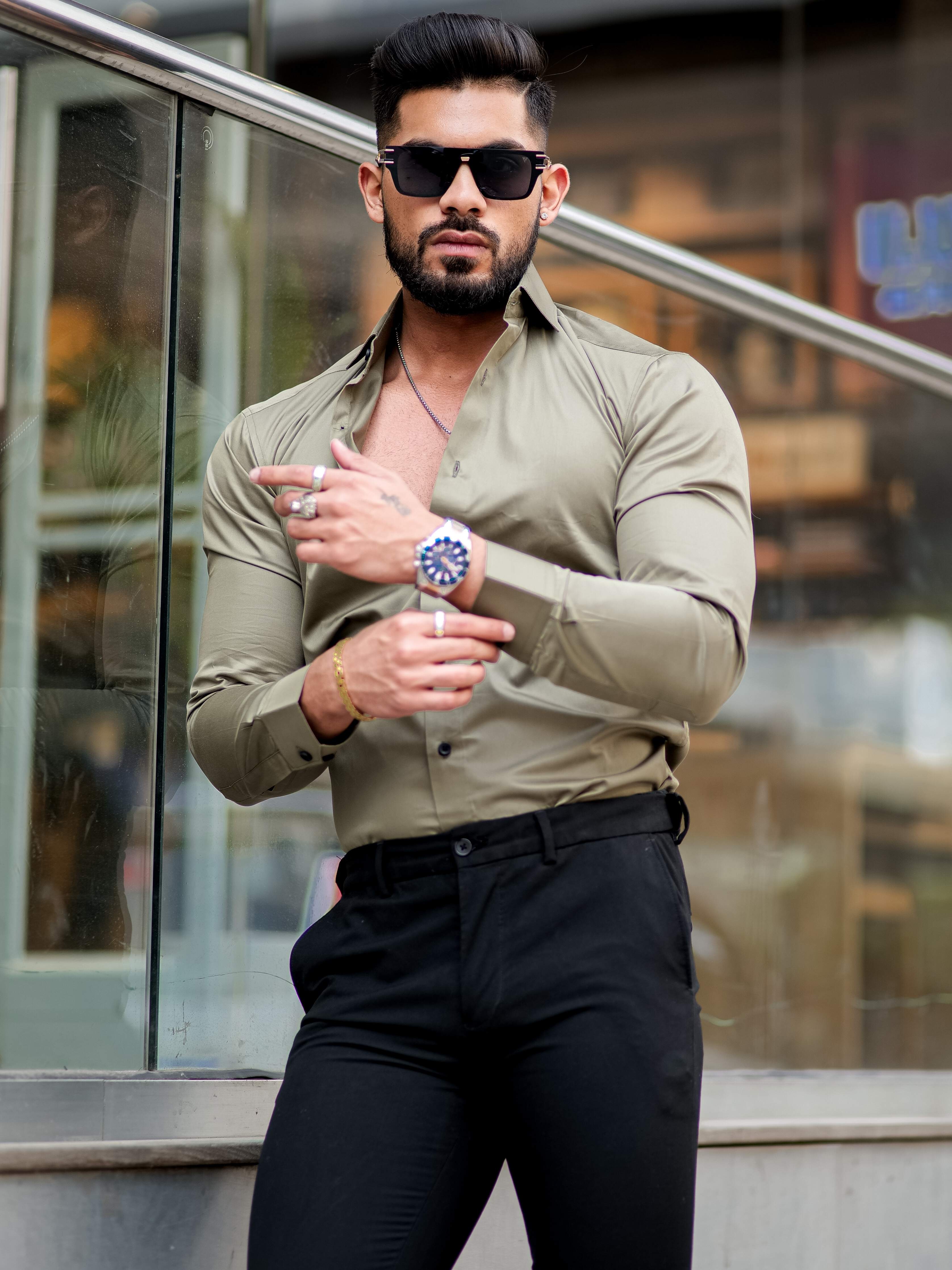 Formy Granite Green Luxury Formal Satin Cotton Shirt For Men's - Image 4