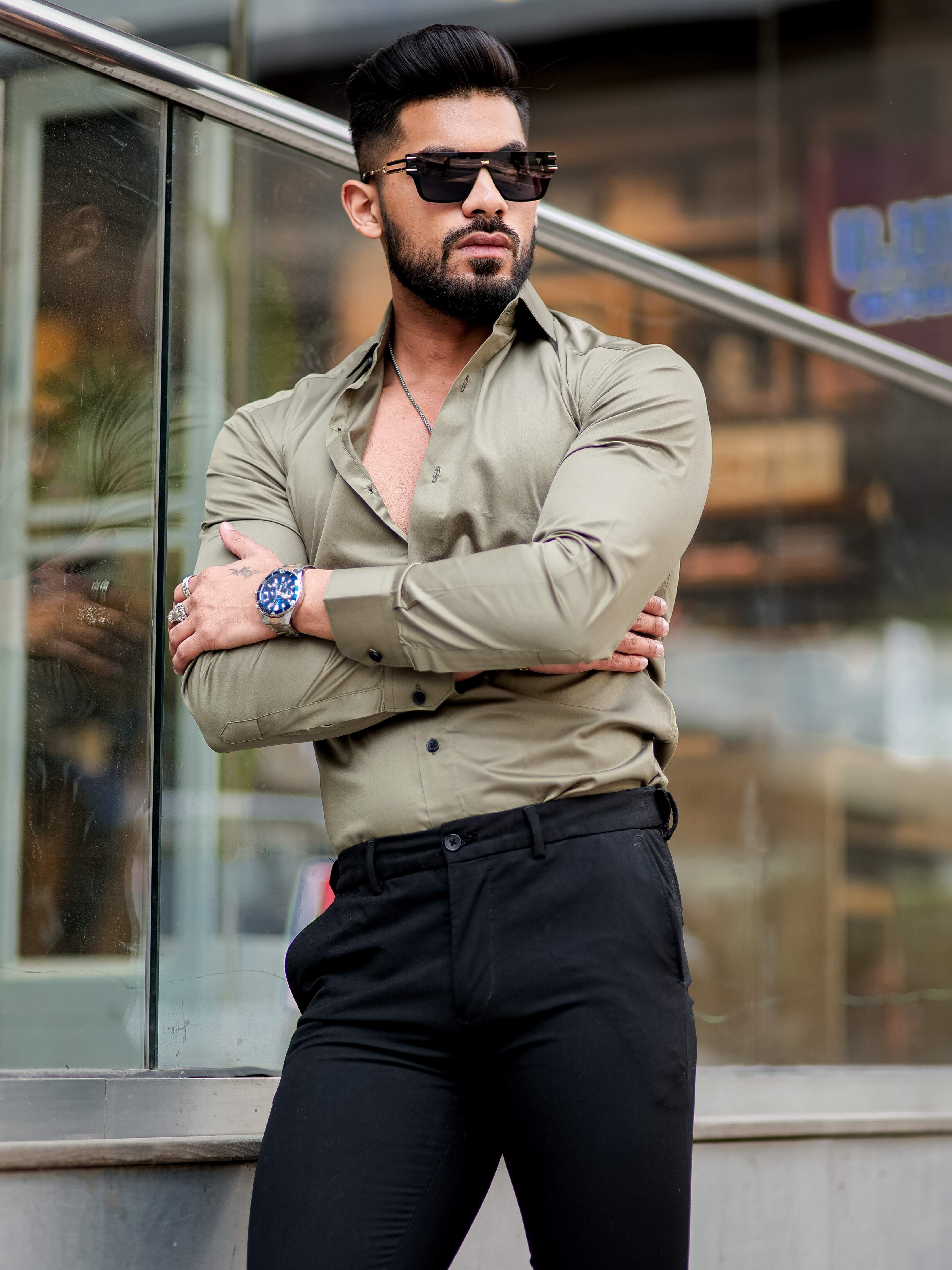 Formy Granite Green Luxury Formal Satin Cotton Shirt For Men's - Image 6
