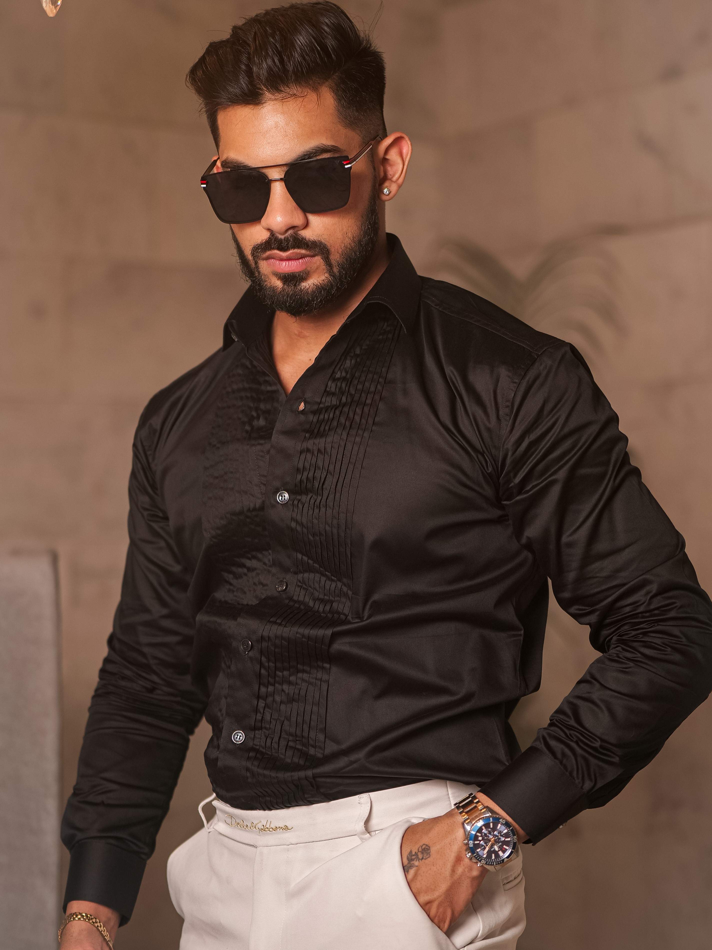 Black Subtle Sheen Tuxedo Premium Giza Satin Cotton Shirt - Image 3