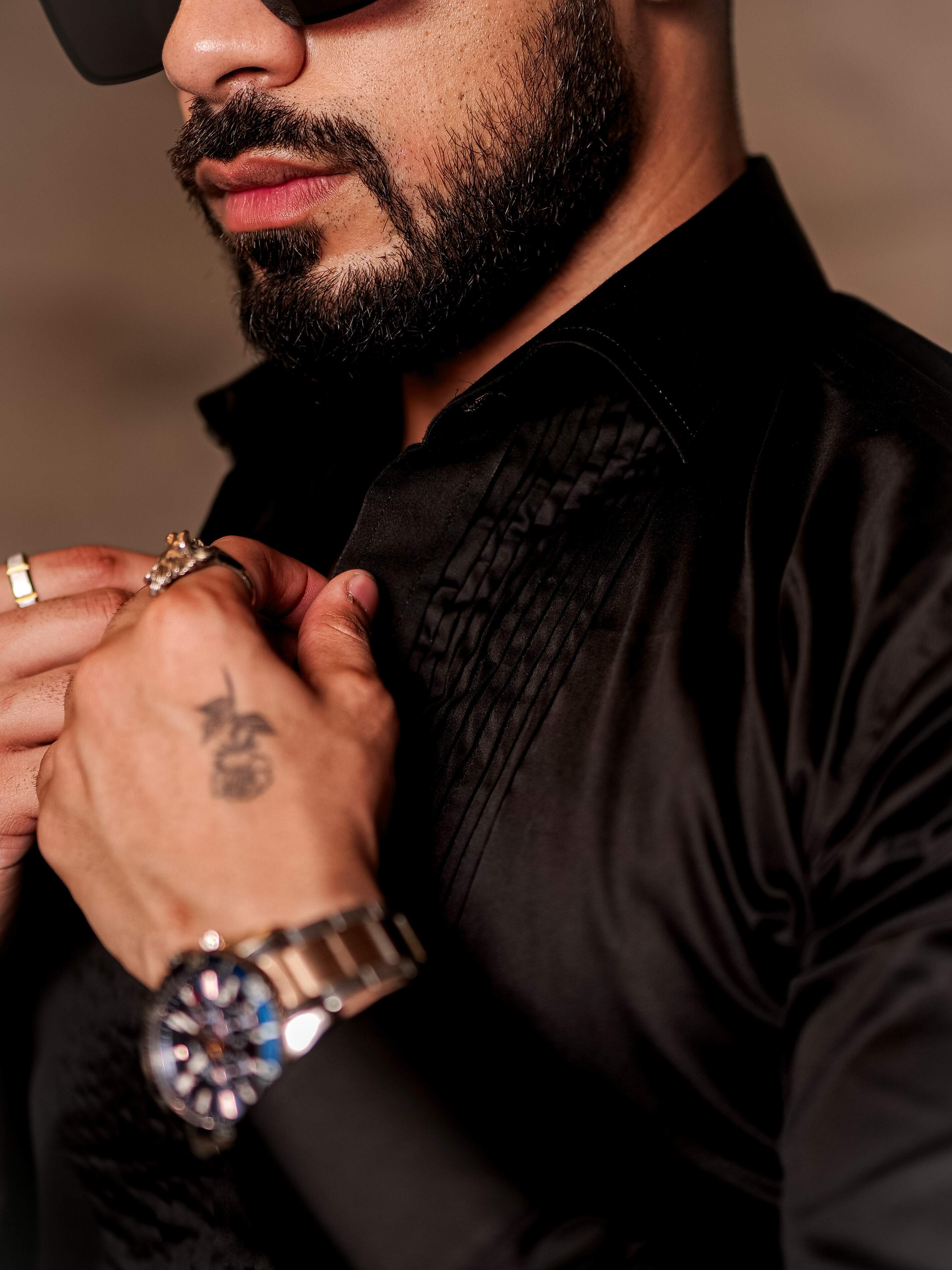 Black Subtle Sheen Tuxedo Premium Giza Satin Cotton Shirt - Image 5