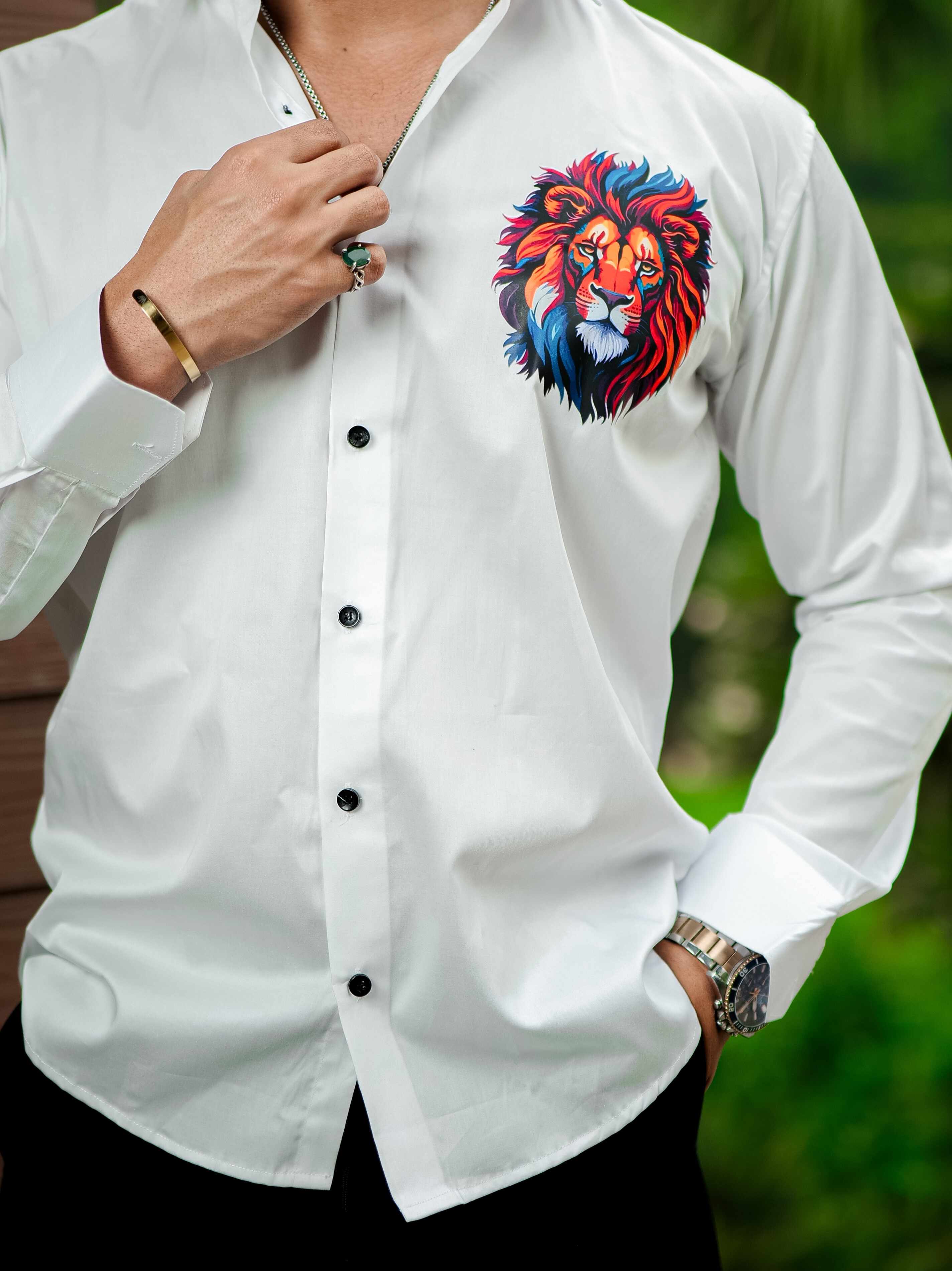 White Club Wear Printed Satin Cotton Shirt For Men's - Image 4