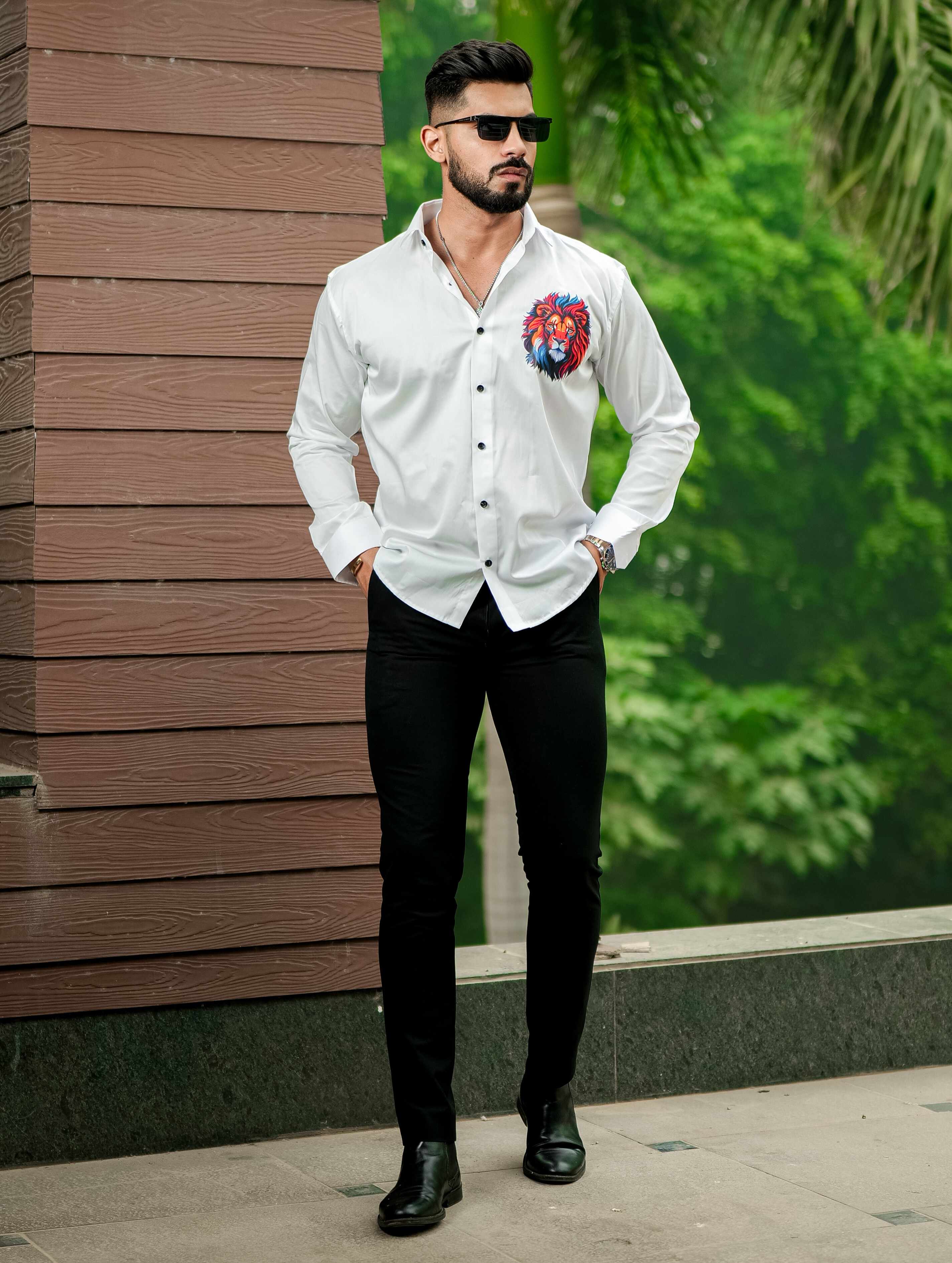 White Club Wear Printed Satin Cotton Shirt For Men's - Image 7