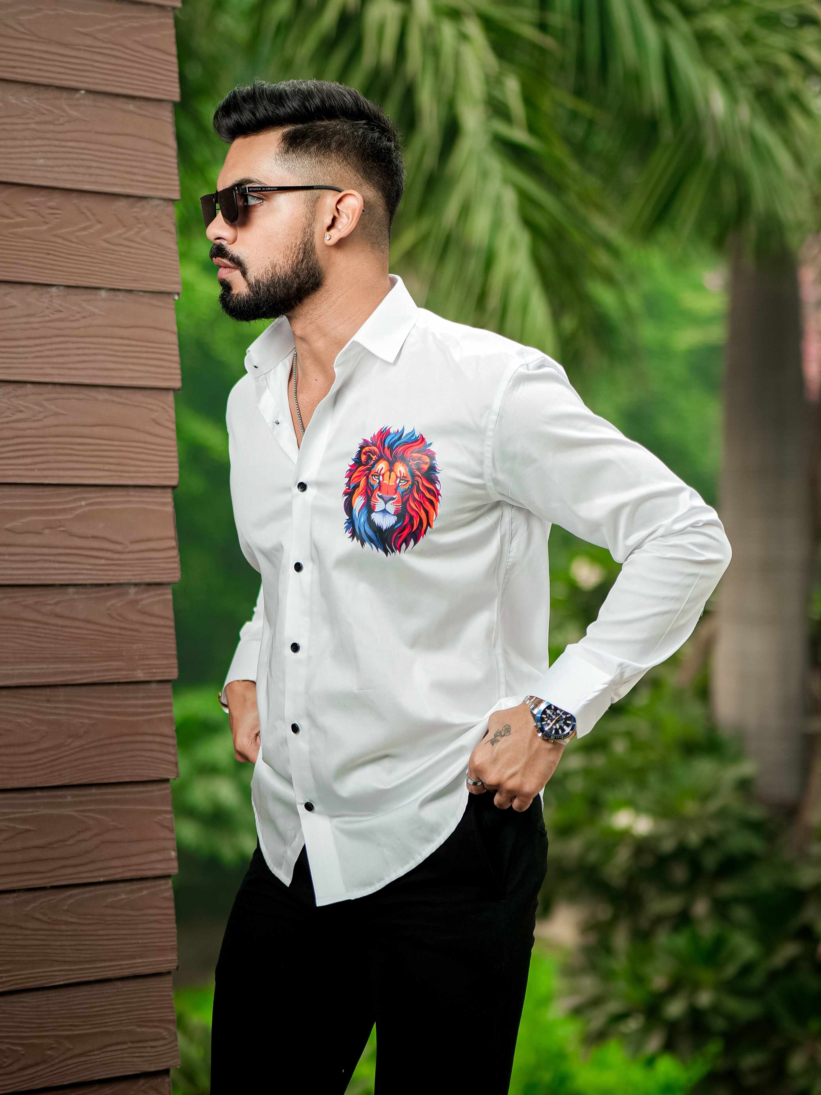 White Club Wear Printed Satin Cotton Shirt For Men's - Image 8