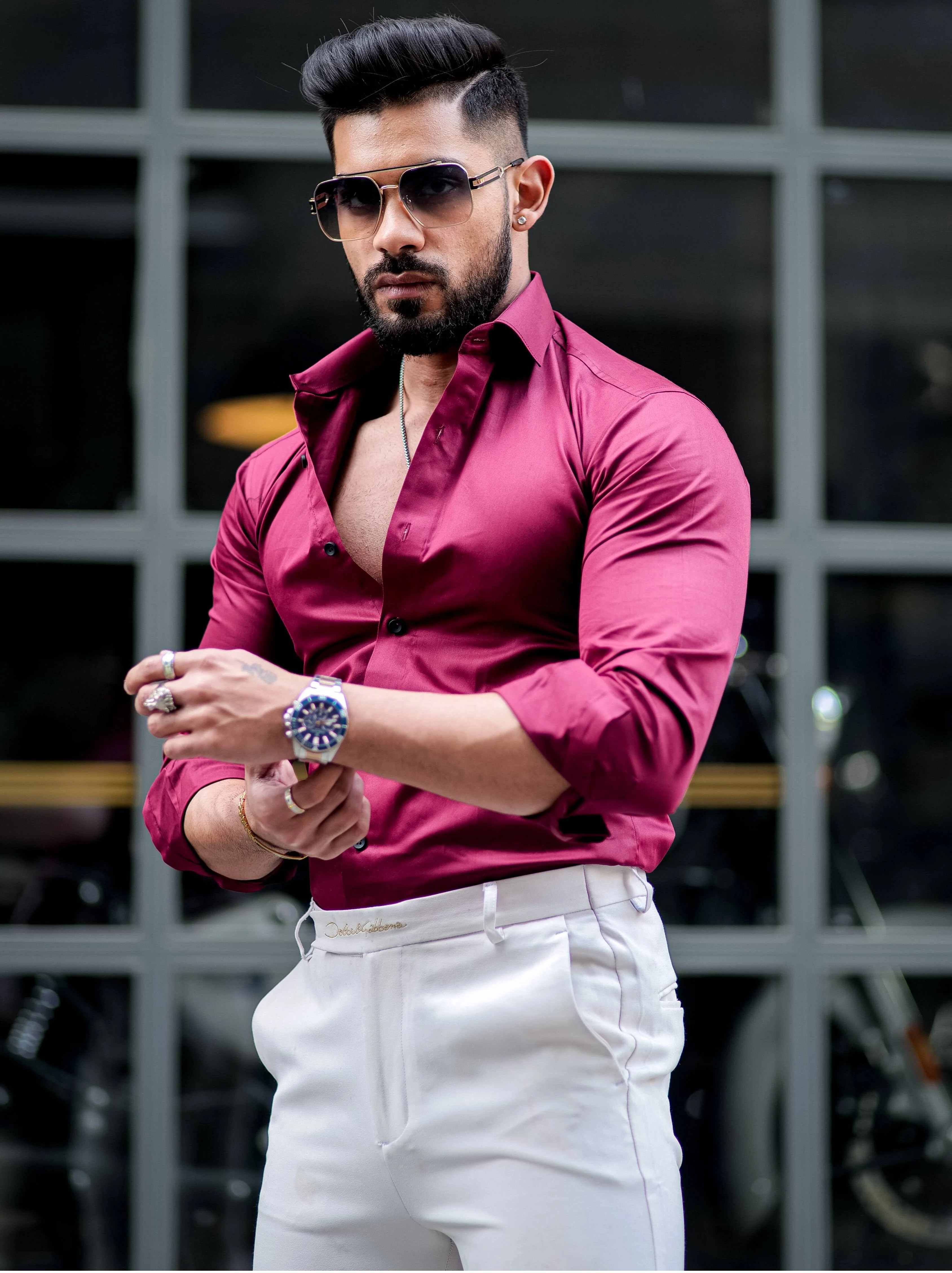 Formy Wine Berry Regular Fit Luxury Satin Cotton Shirt For Men's - Image 3