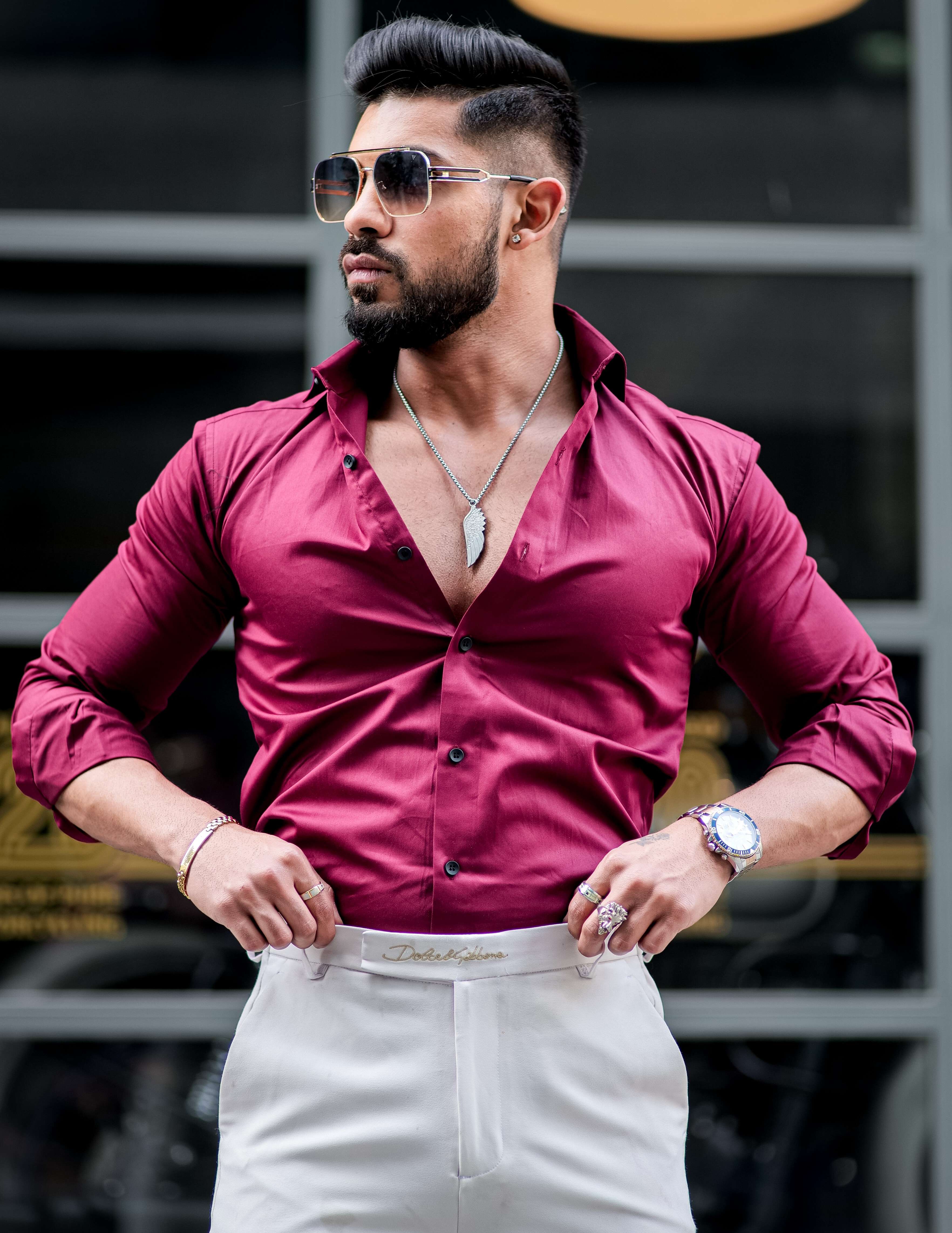 Formy Wine Berry Regular Fit Luxury Satin Cotton Shirt For Men's - Image 4