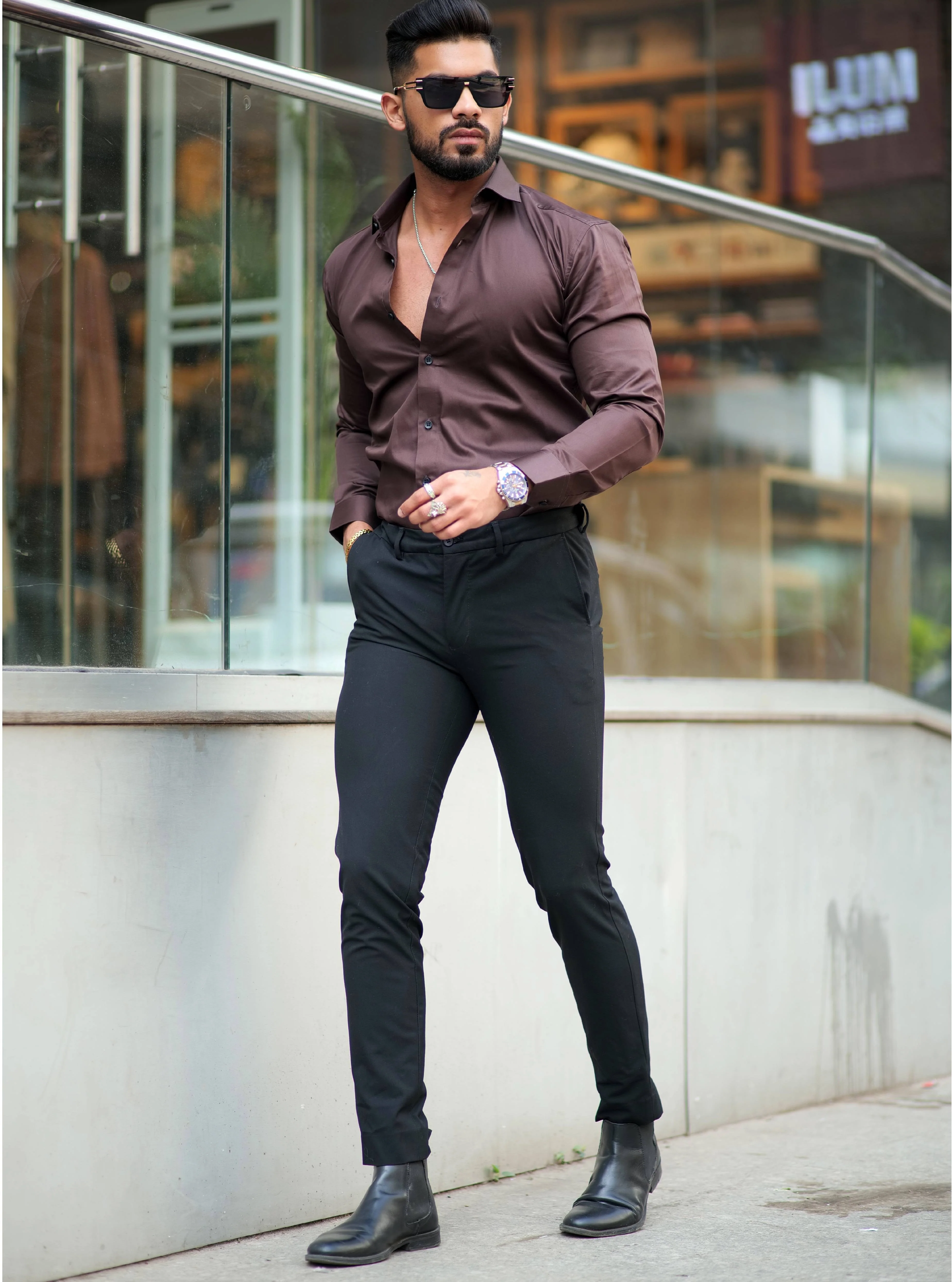 Formy Woody Brown Luxury Formal Satin Cotton Shirt For Men's - Image 7