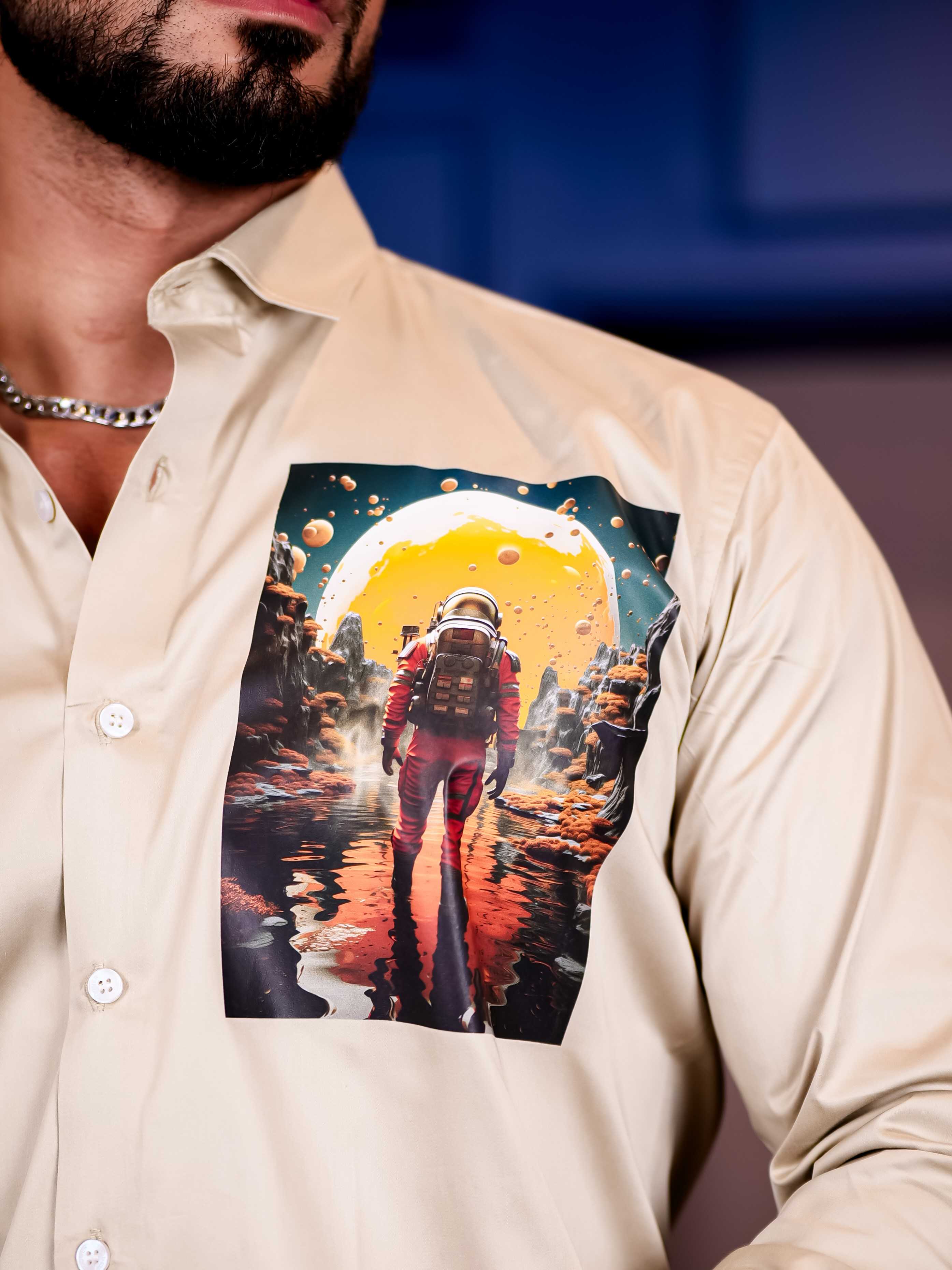 Cream Club Wear Lost in Space Printed Satin Cotton Shirt - Image 2