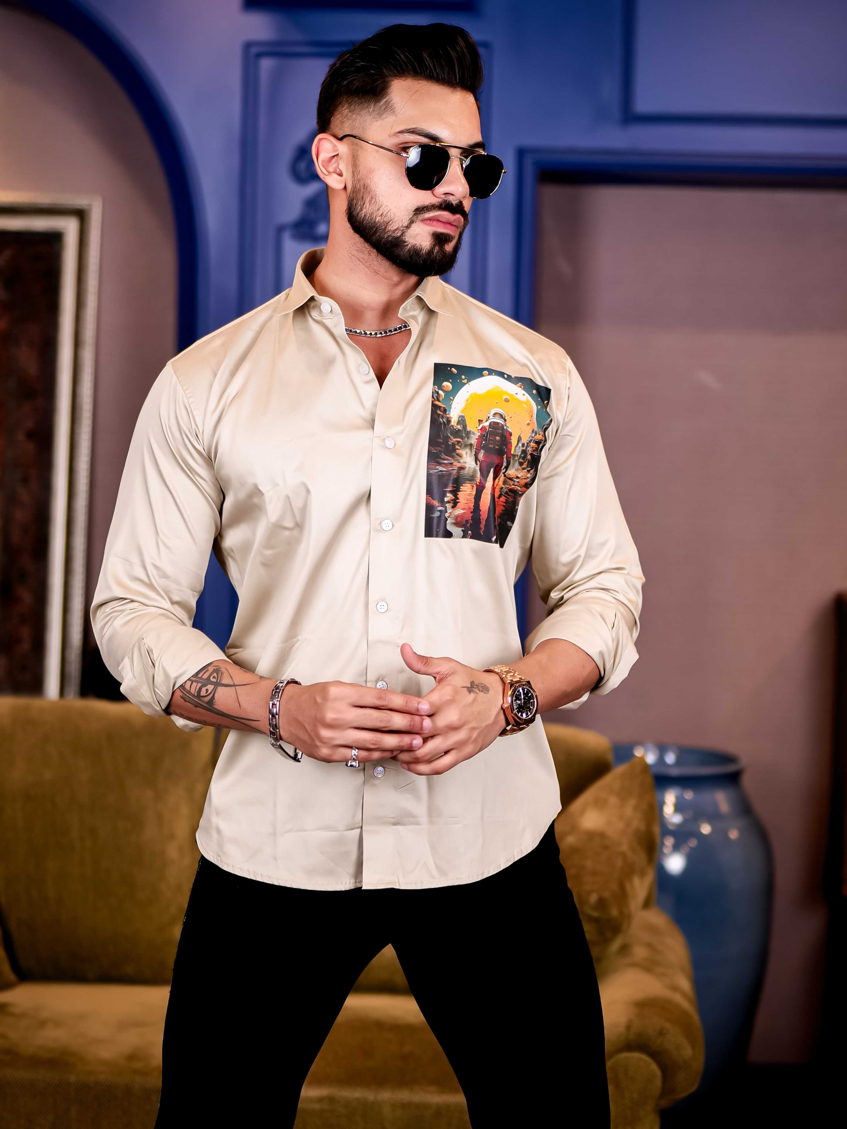 Cream Club Wear Lost in Space Printed Satin Cotton Shirt - Image 3