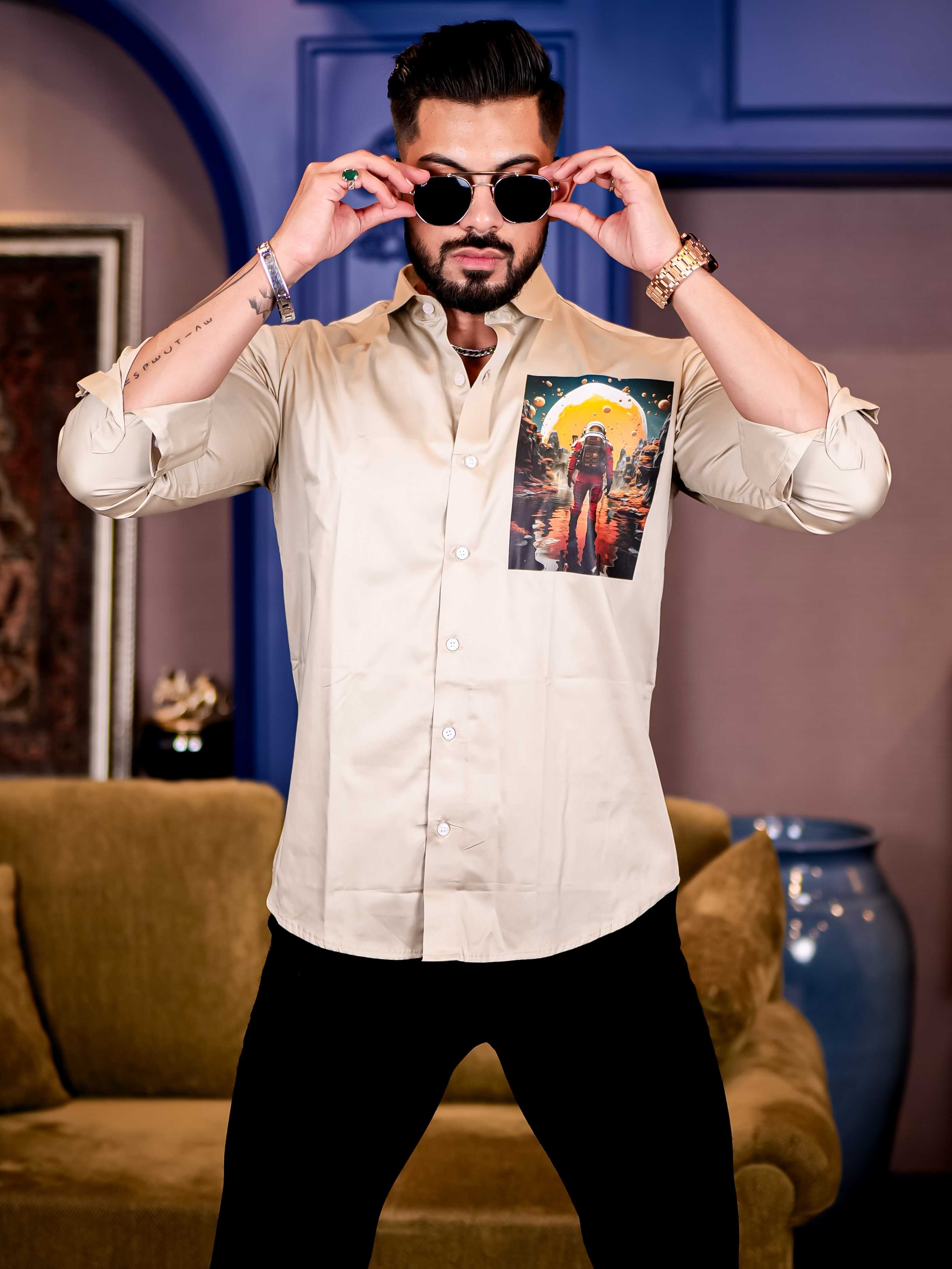 Cream Club Wear Lost in Space Printed Satin Cotton Shirt - Image 4
