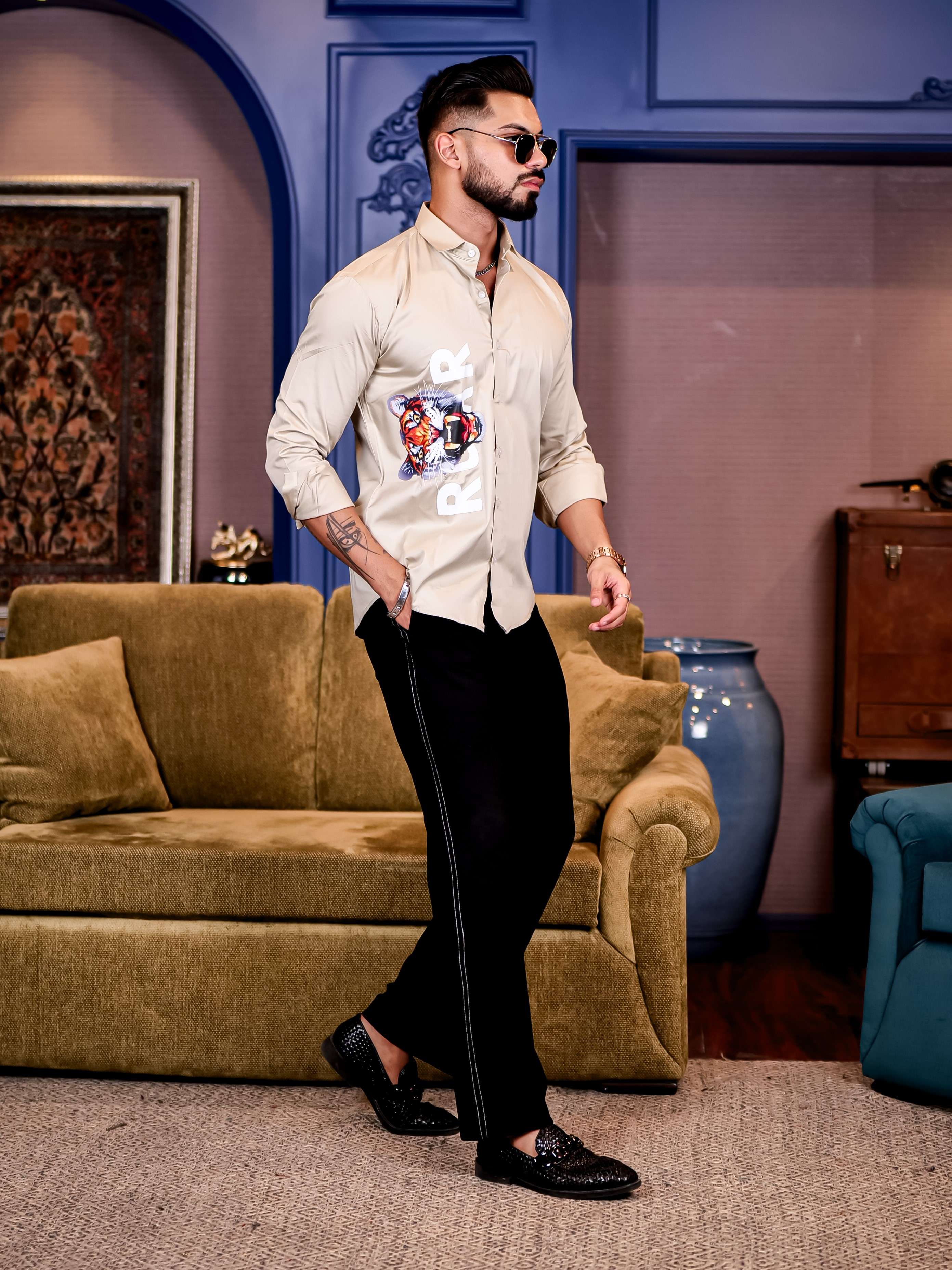 Cream Club Wear Roar Tiger Printed Satin Cotton Shirt - Image 2