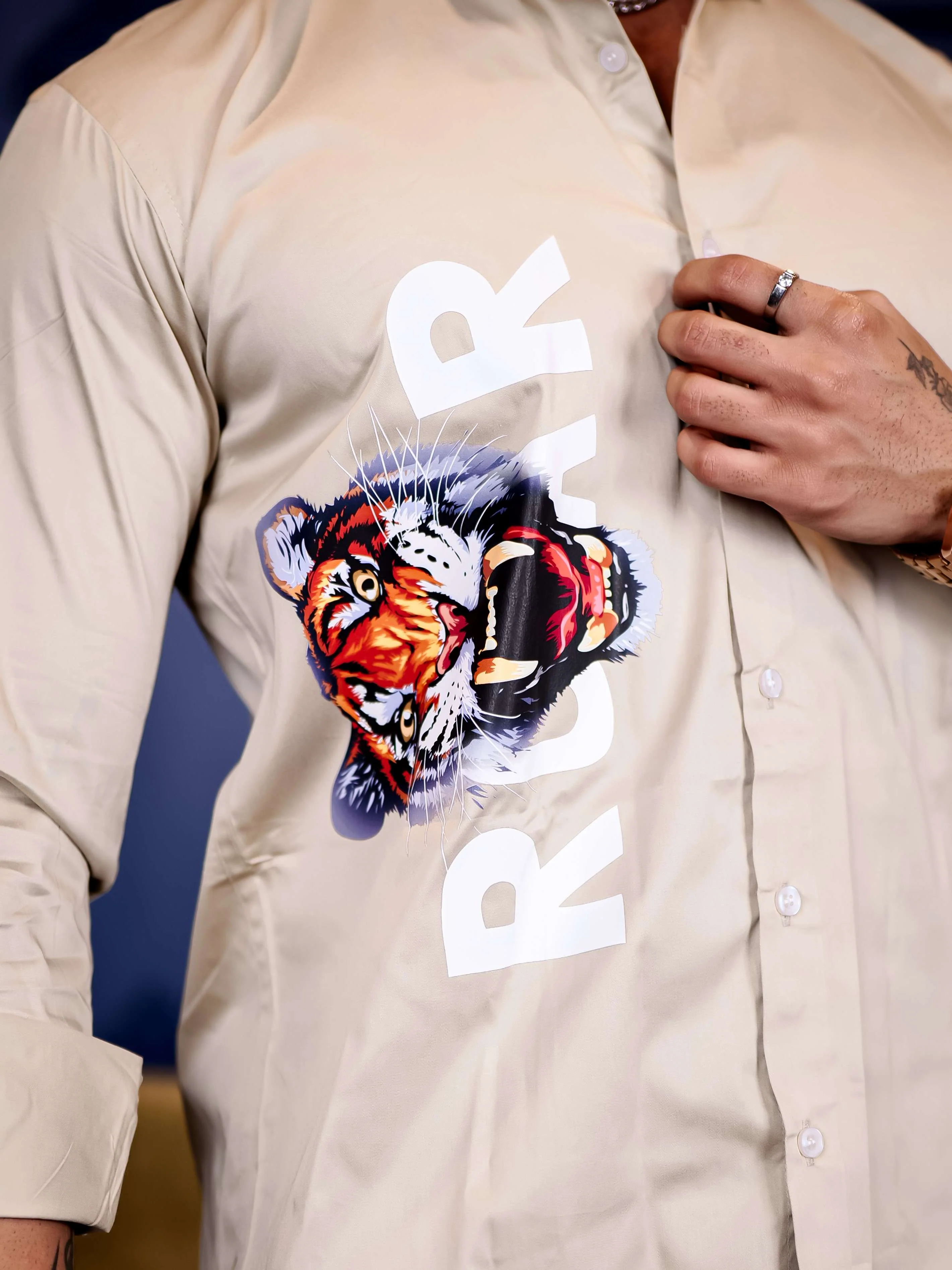 Cream Club Wear Roar Tiger Printed Satin Cotton Shirt - Image 3