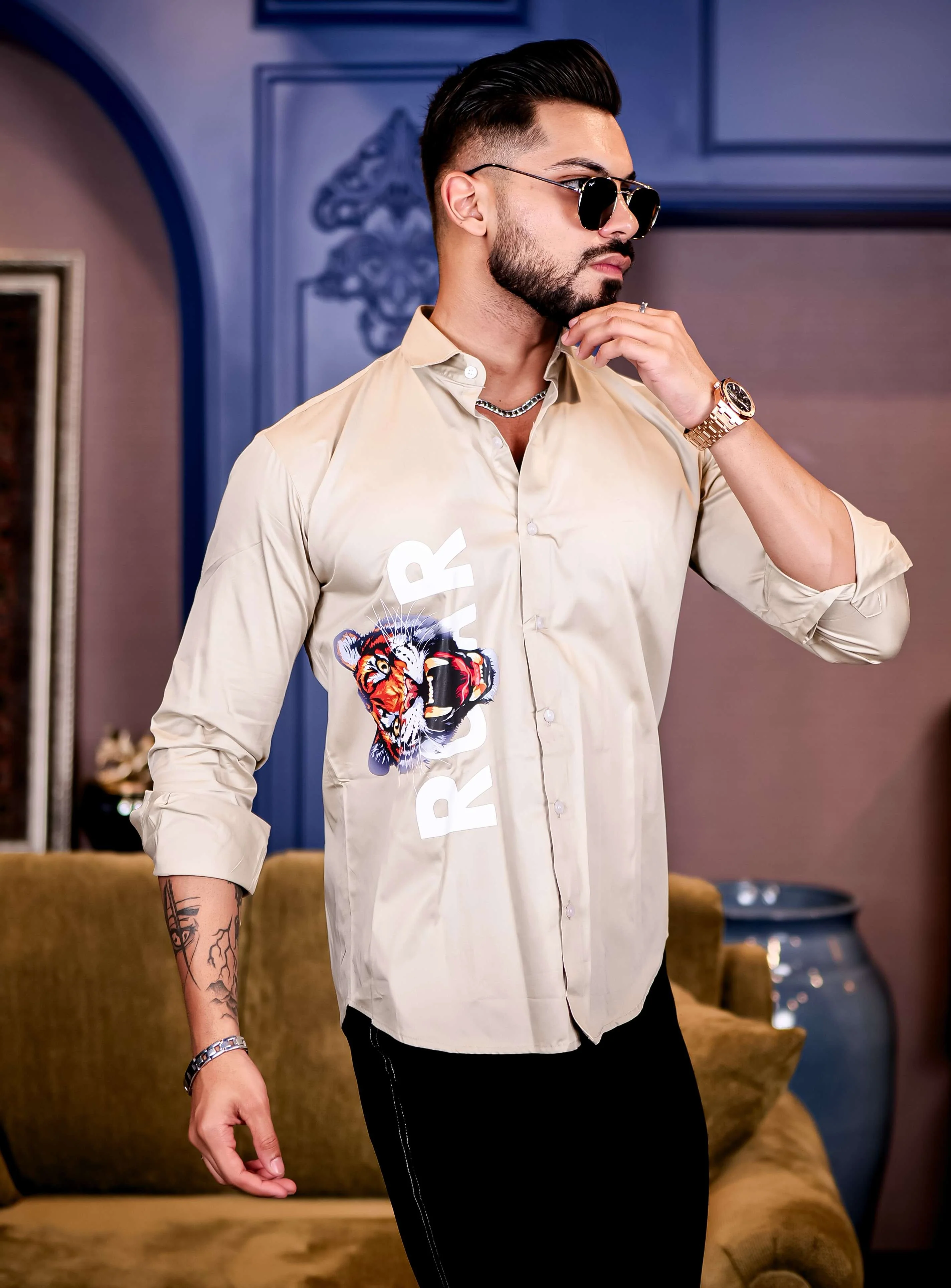 Cream Club Wear Roar Tiger Printed Satin Cotton Shirt - Image 4