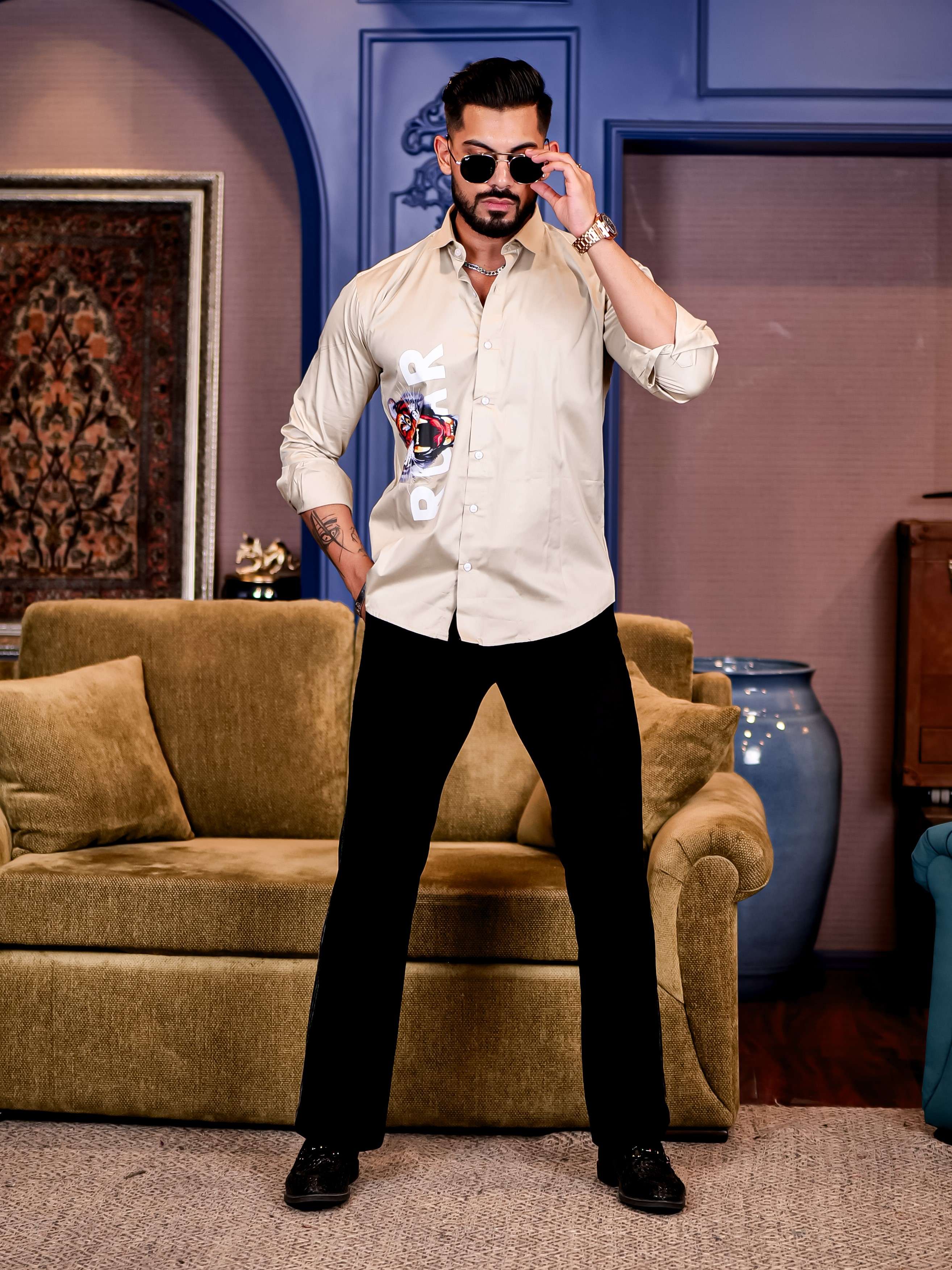 Cream Club Wear Roar Tiger Printed Satin Cotton Shirt - Image 5