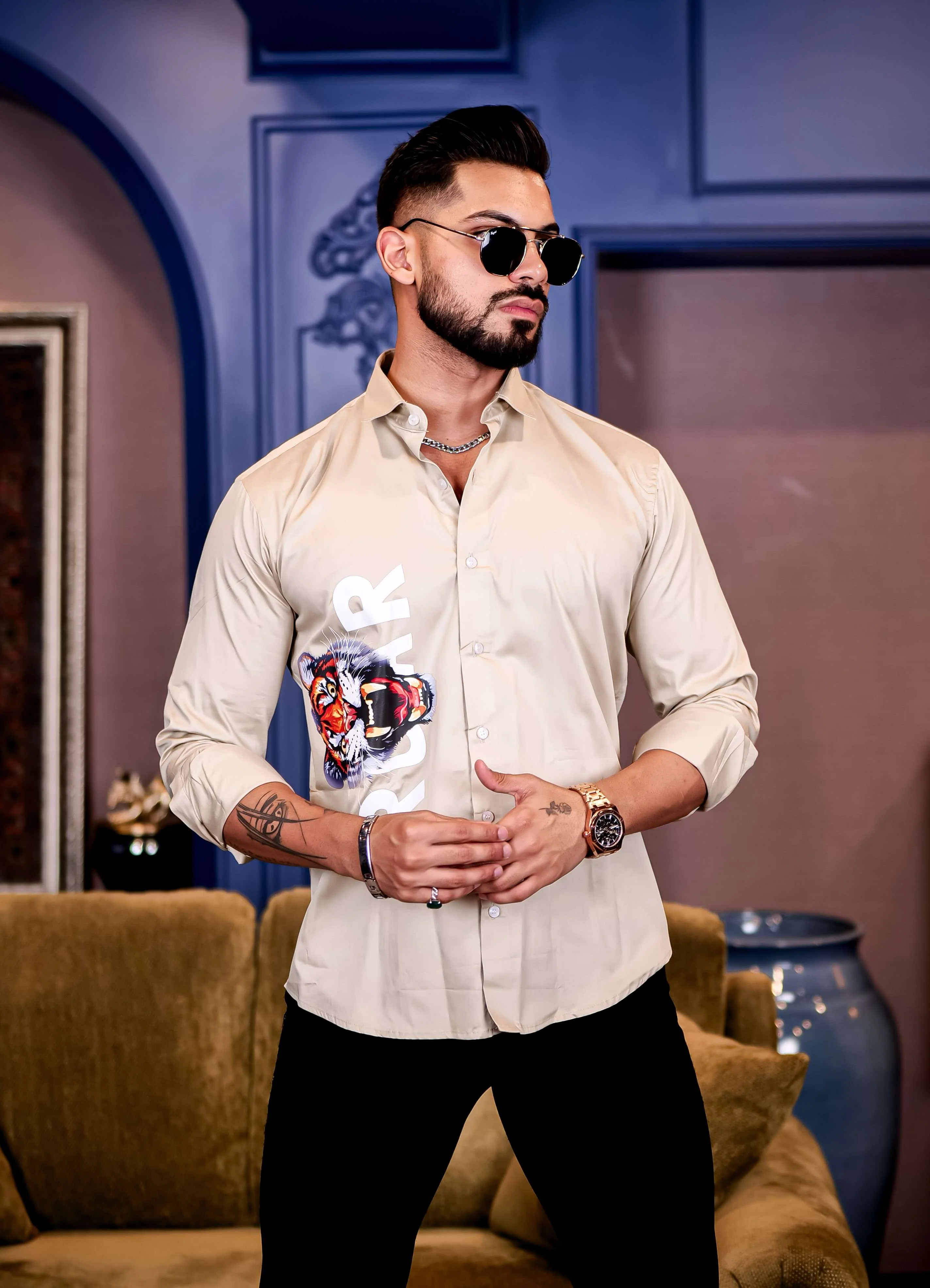 Cream Club Wear Roar Tiger Printed Satin Cotton Shirt - Image 6