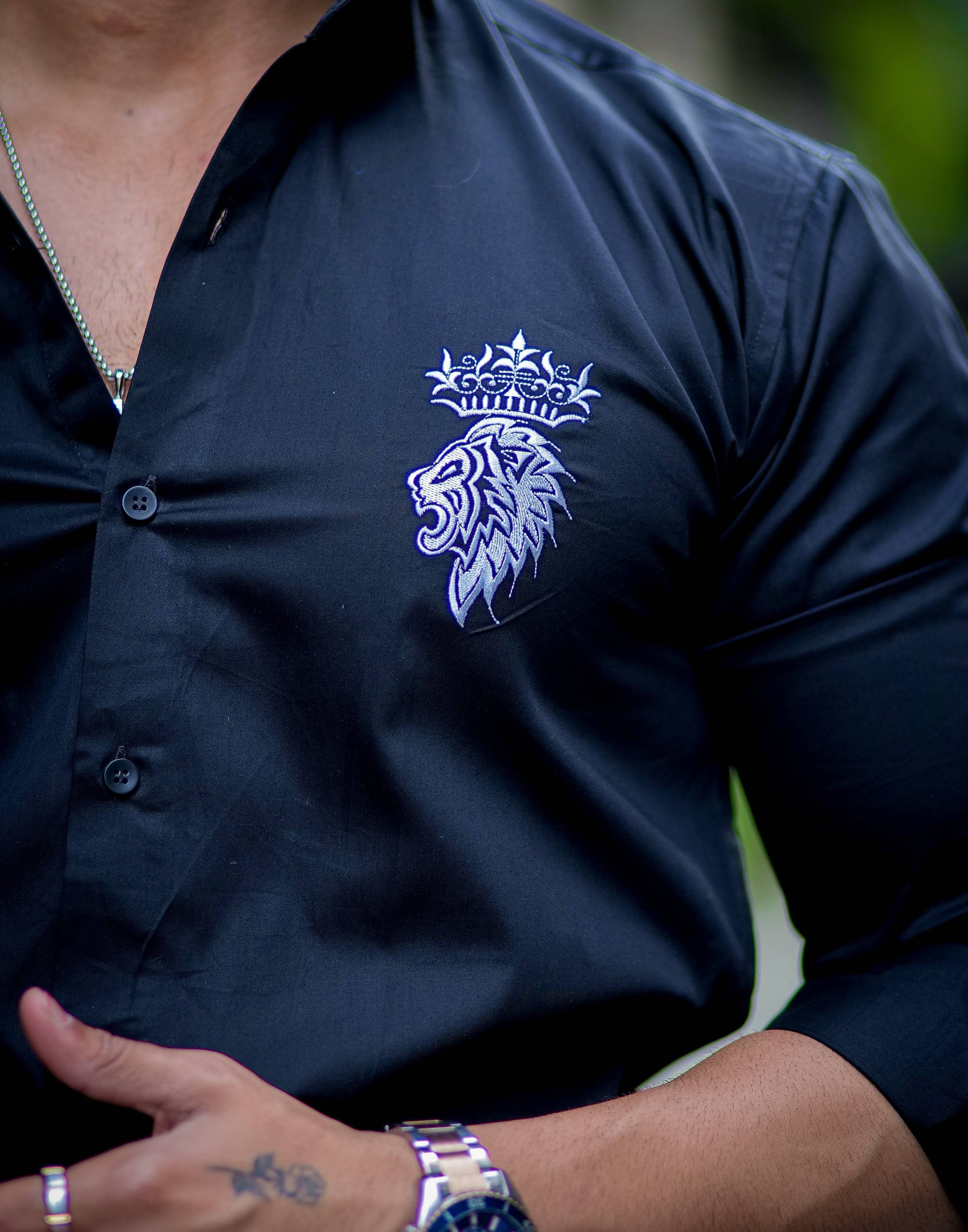 Crown With Lion Embroidered Black Premium Designer Shirt - Image 2