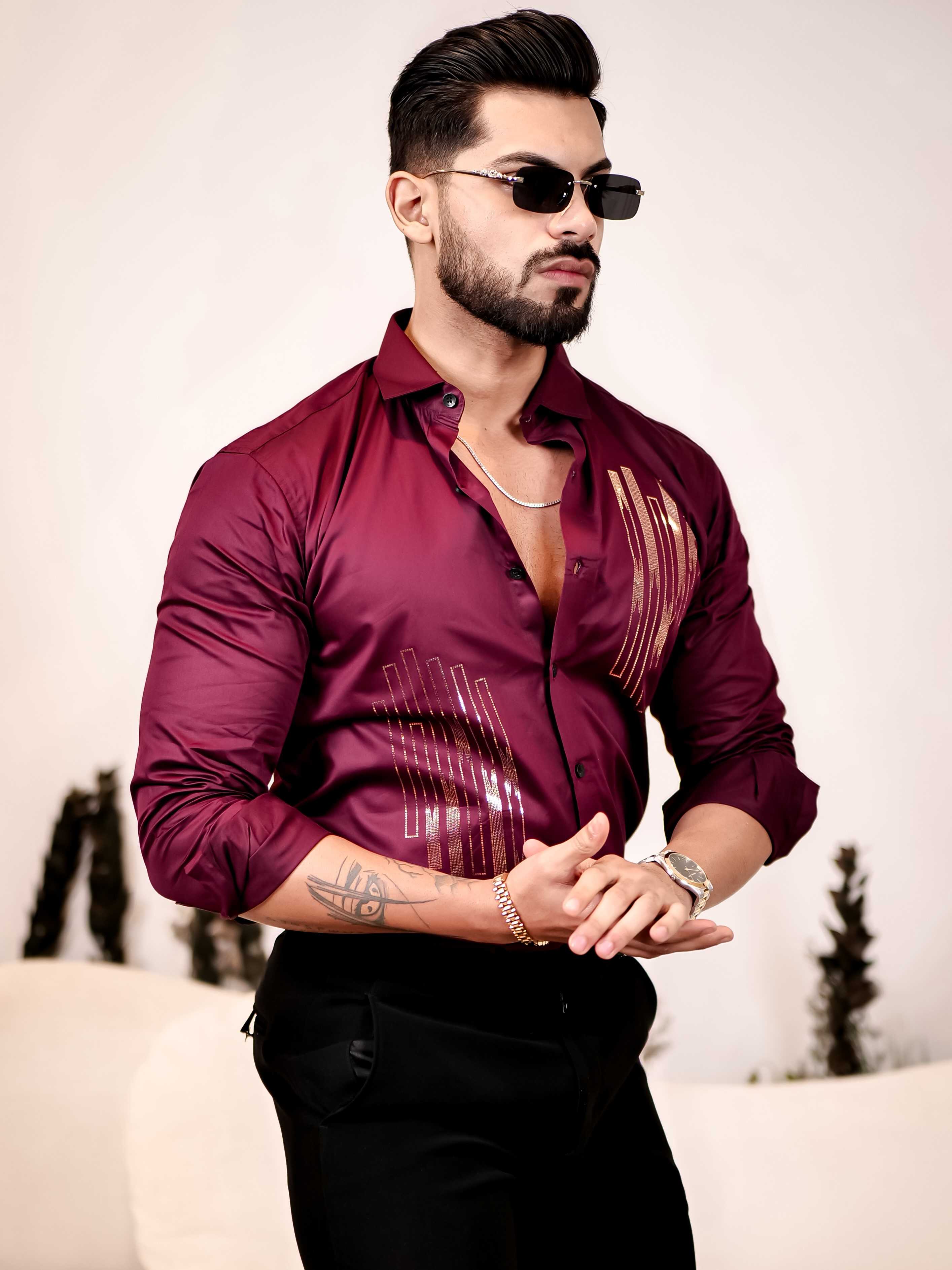 Dance Wine Sequence Club Wear Satin Cotton Party Shirt - Image 10