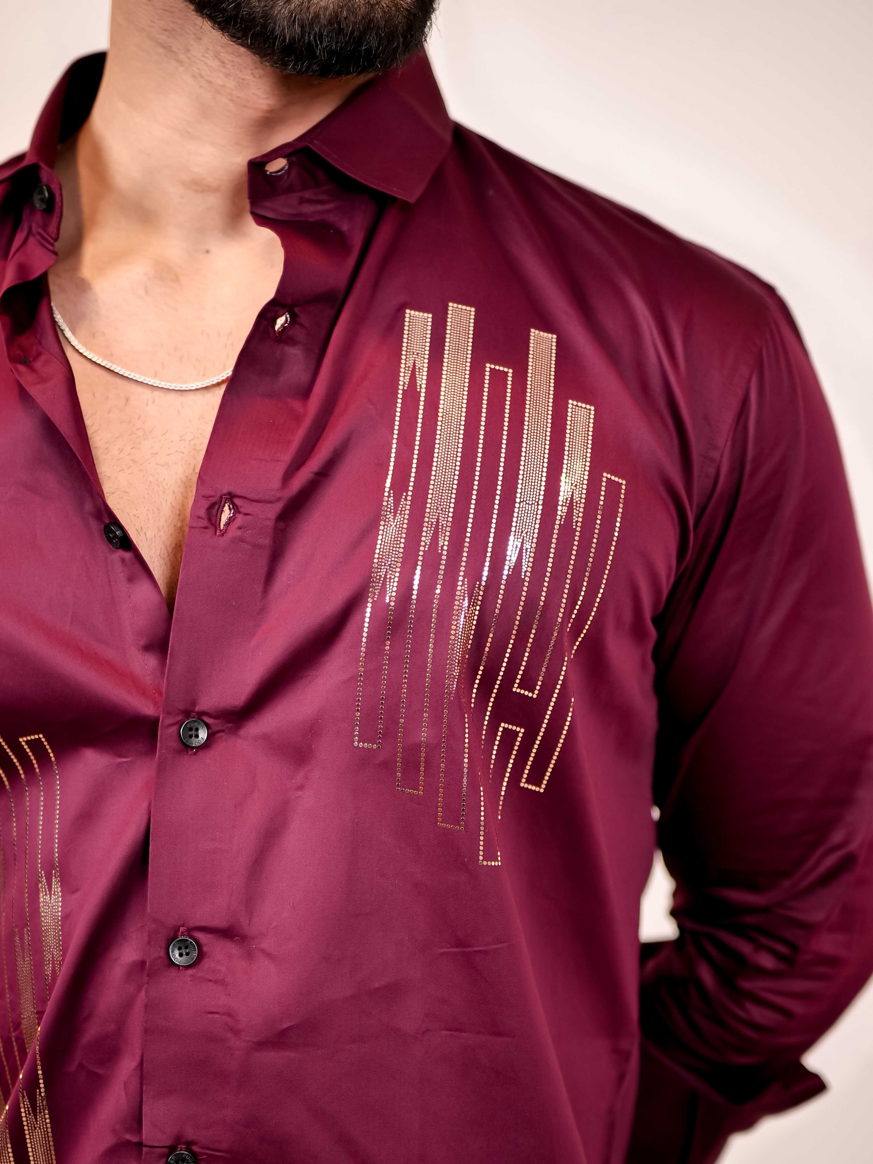 Dance Wine Sequence Club Wear Satin Cotton Party Shirt - Image 2