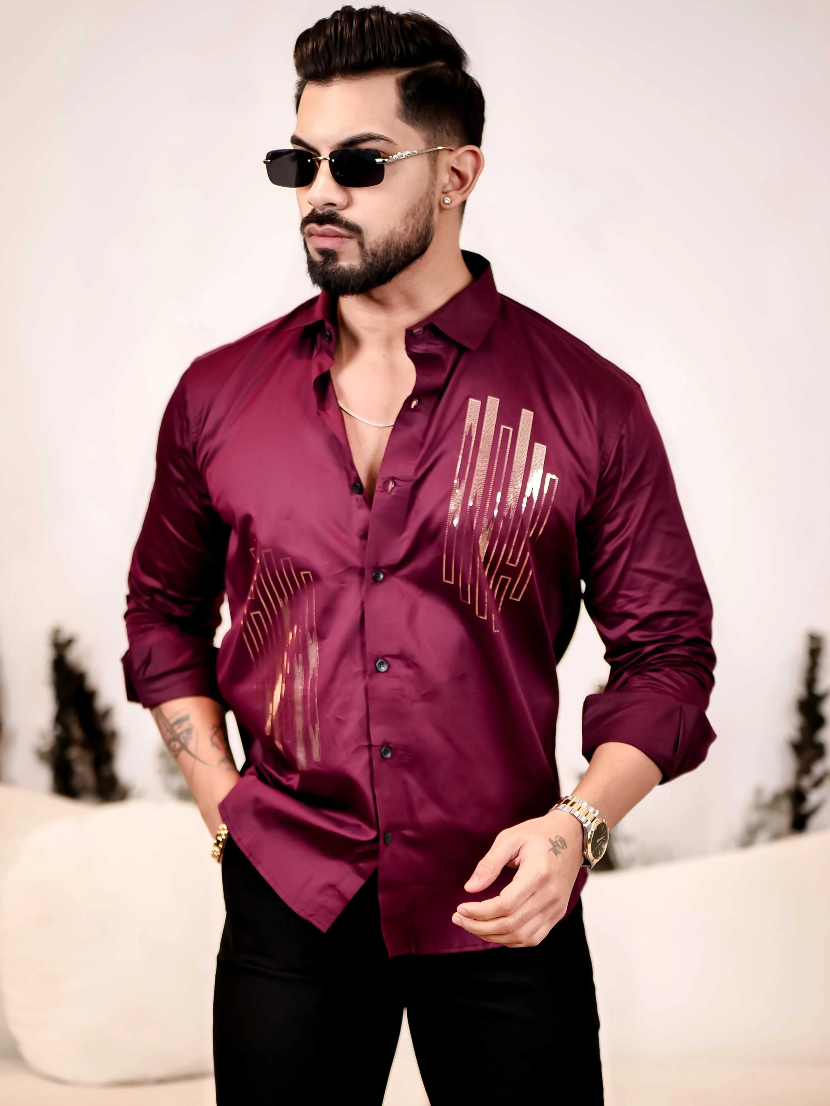 Dance Wine Sequence Club Wear Satin Cotton Party Shirt - Image 3