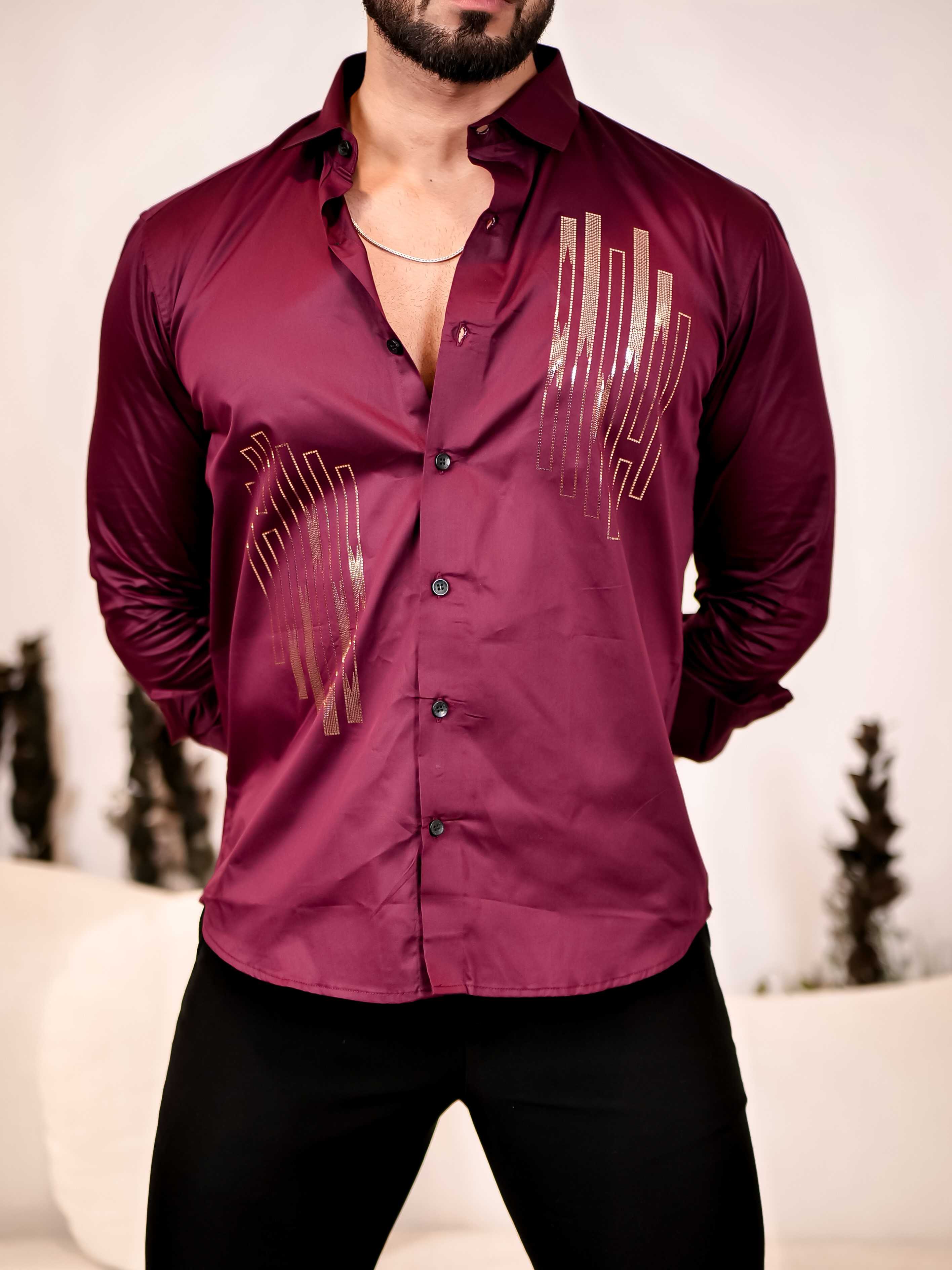 Dance Wine Sequence Club Wear Satin Cotton Party Shirt - Image 4
